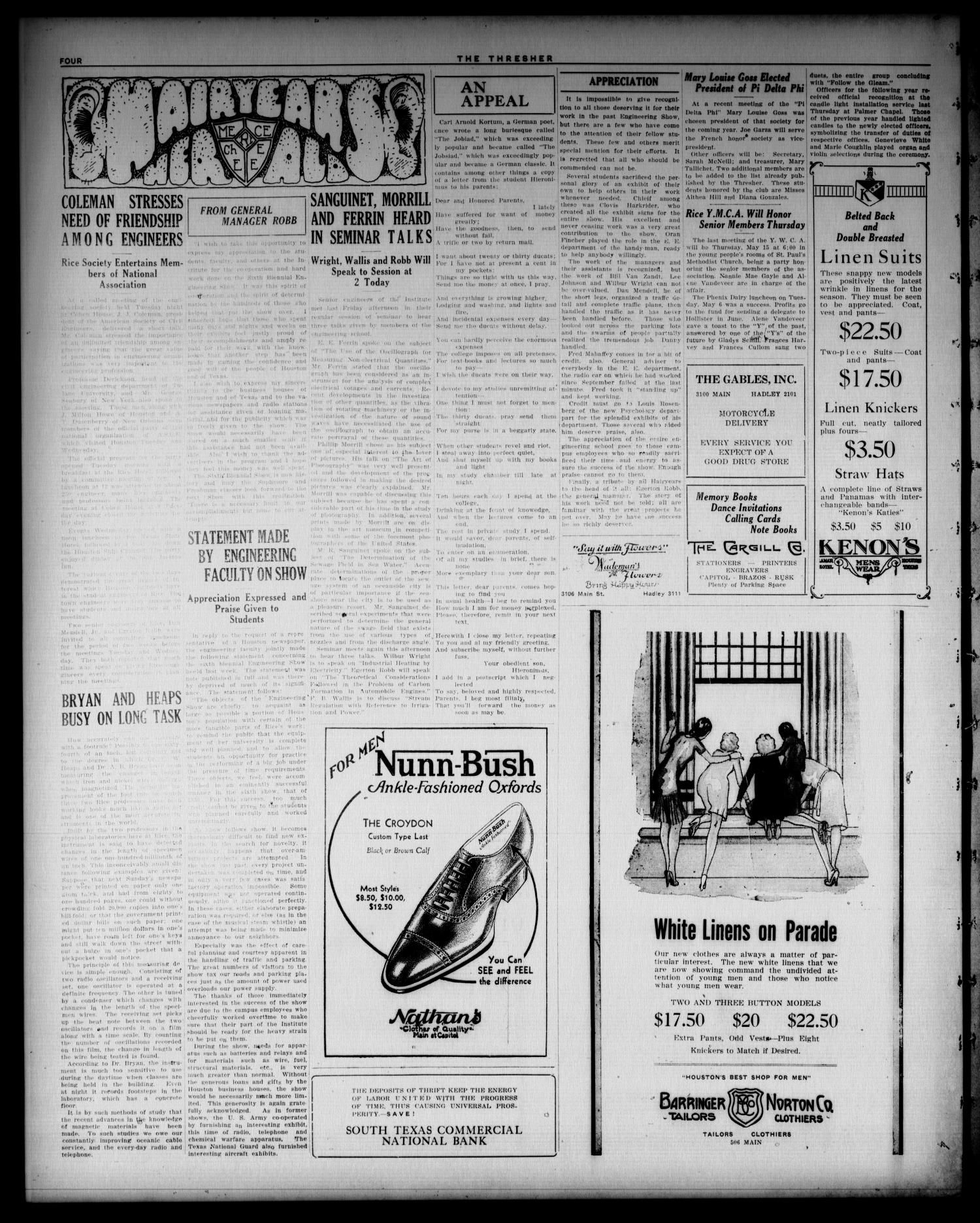 The Thresher (Houston, Tex.), Vol. 15, No. 30, Ed. 1 Friday, May 9, 1930
                                                
                                                    [Sequence #]: 4 of 4
                                                