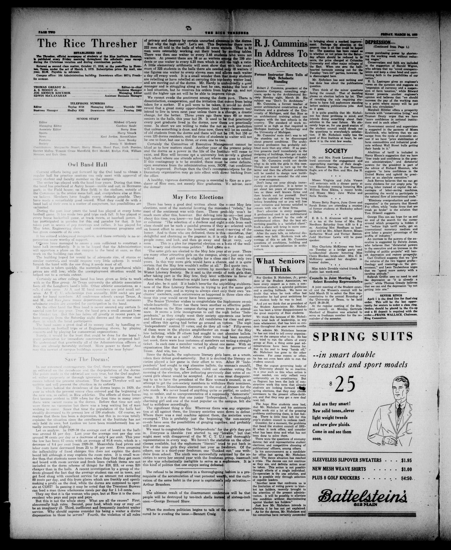 The Thresher (Houston, Tex.), Vol. 18, No. 23, Ed. 1 Friday, March 24, 1933
                                                
                                                    [Sequence #]: 2 of 4
                                                