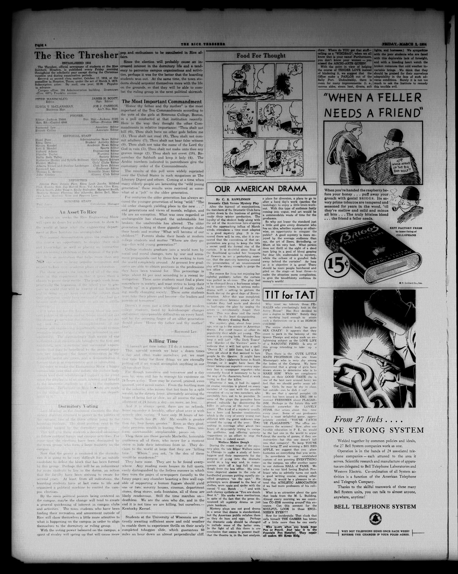 The Thresher (Houston, Tex.), Vol. 19, No. 22, Ed. 1 Thursday, March 1, 1934
                                                
                                                    [Sequence #]: 4 of 6
                                                