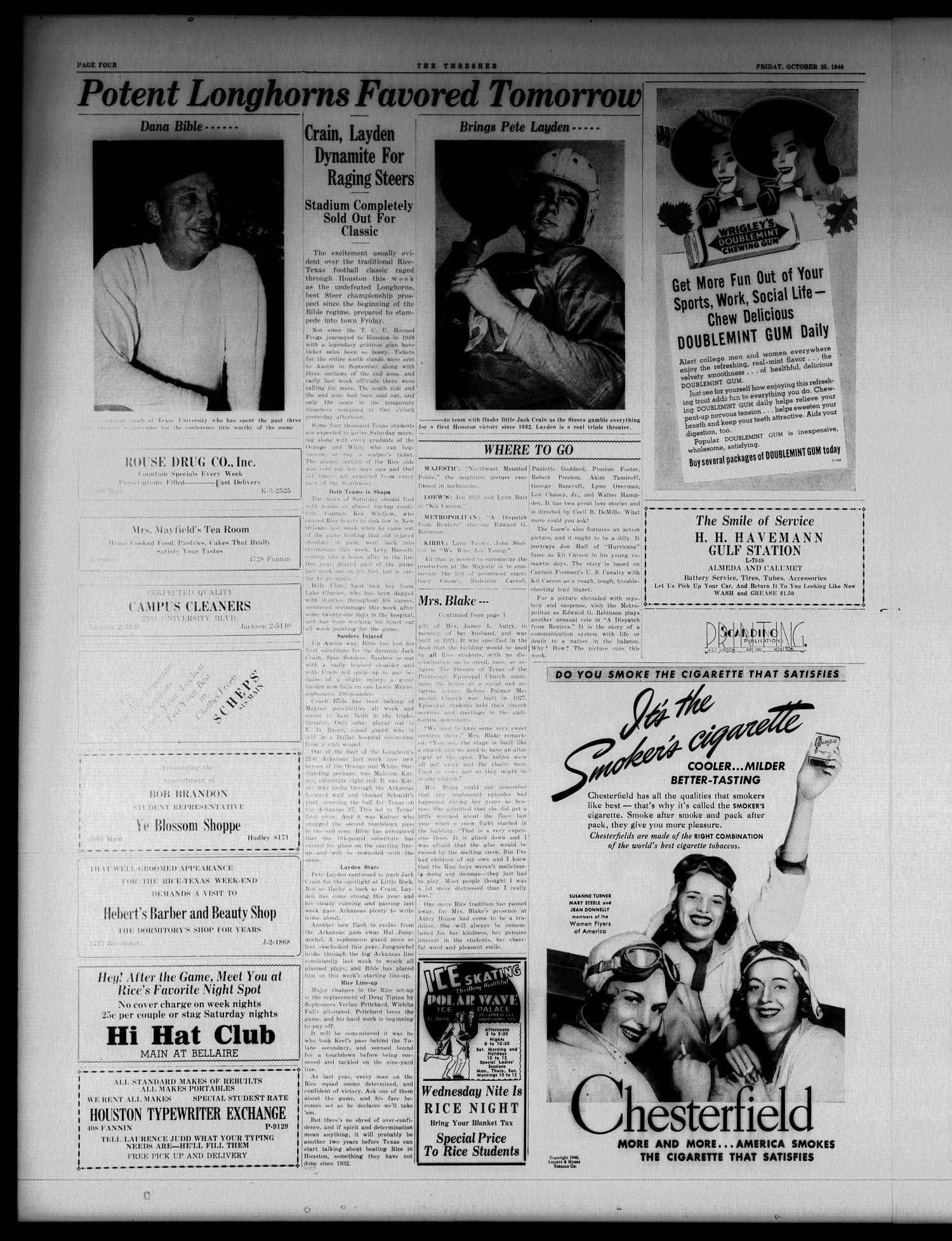 The Thresher (Houston, Tex.), Vol. 26, No. 6, Ed. 1 Friday, October 25, 1940
                                                
                                                    [Sequence #]: 4 of 4
                                                