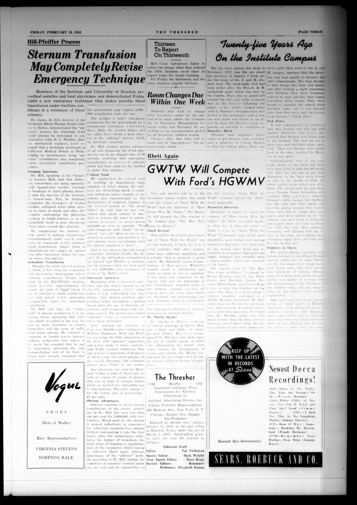The Thresher (Houston, Tex.), Vol. 27, No. 16, Ed. 1 Friday, February 13, 1942
                                                
                                                    [Sequence #]: 3 of 8
                                                