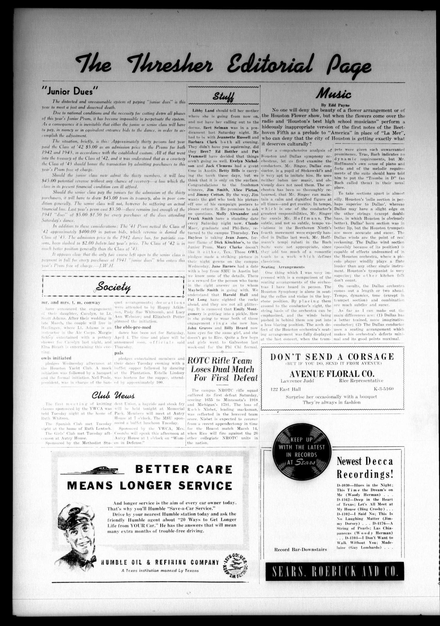 The Thresher (Houston, Tex.), Vol. 27, No. 19, Ed. 1 Friday, March 6, 1942
                                                
                                                    [Sequence #]: 2 of 4
                                                