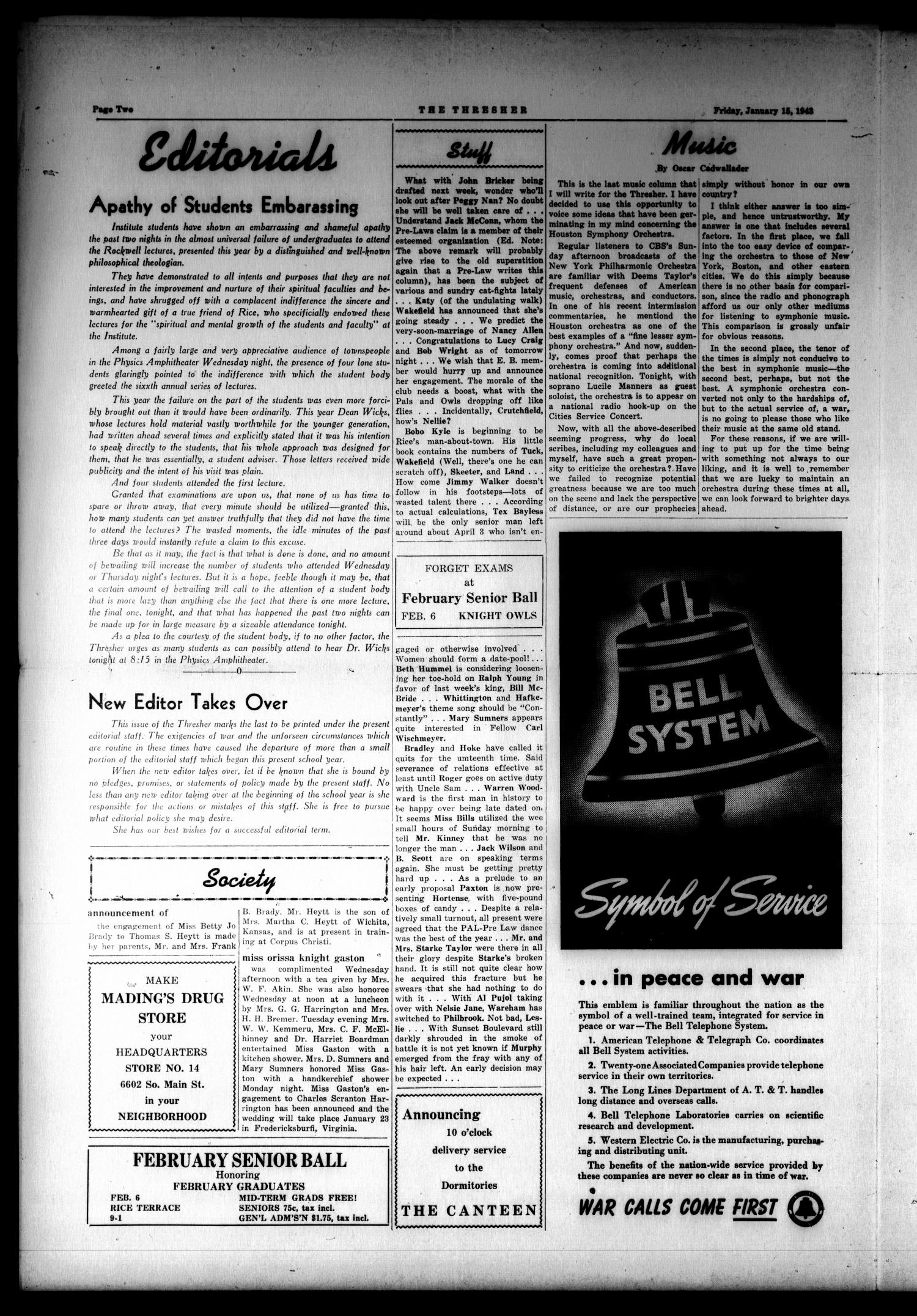 The Thresher (Houston, Tex.), Vol. 28, No. 16, Ed. 1 Friday, January 15, 1943
                                                
                                                    [Sequence #]: 2 of 4
                                                