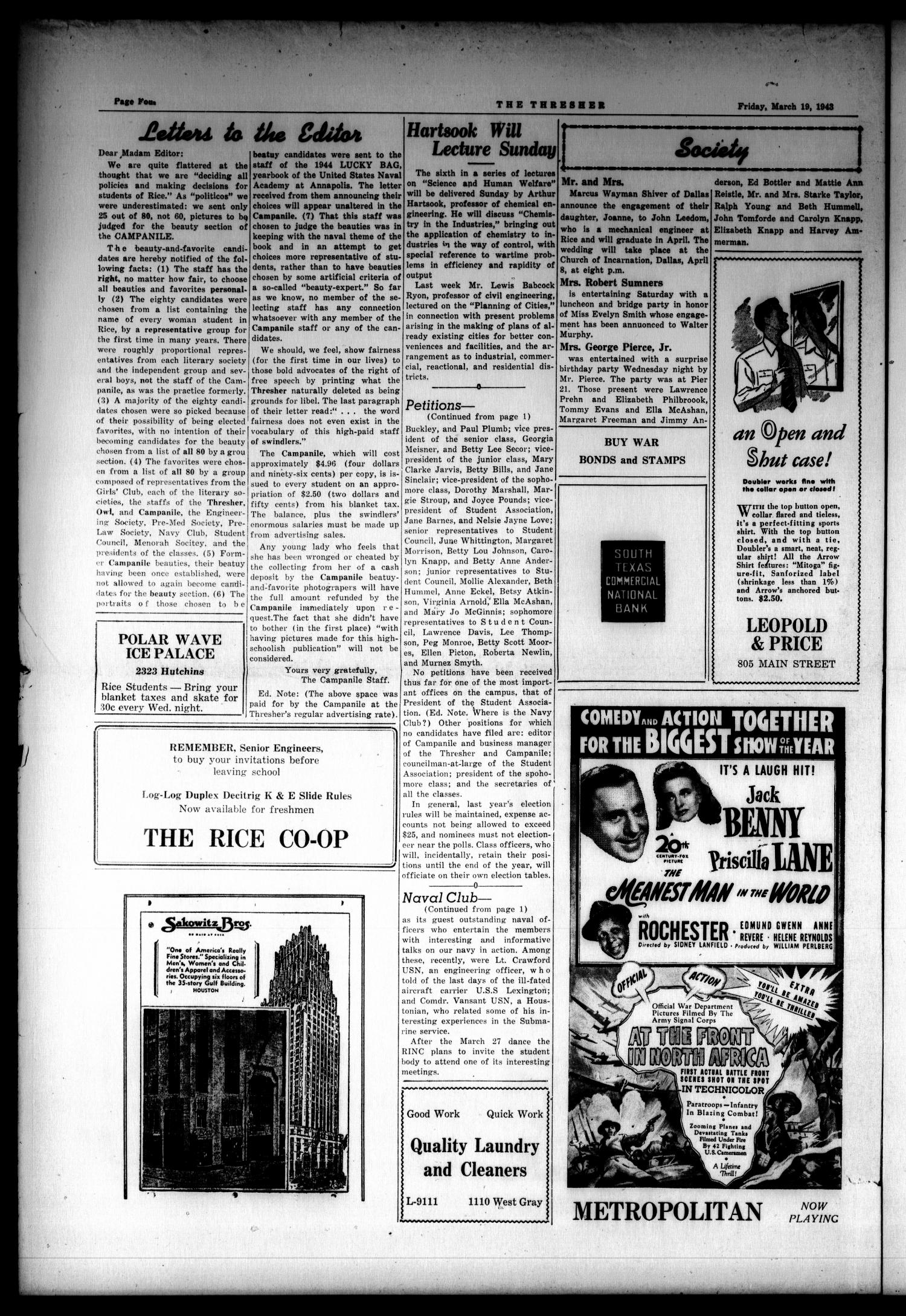 The Thresher (Houston, Tex.), Vol. 28, No. 22, Ed. 1 Friday, March 19, 1943
                                                
                                                    [Sequence #]: 4 of 4
                                                