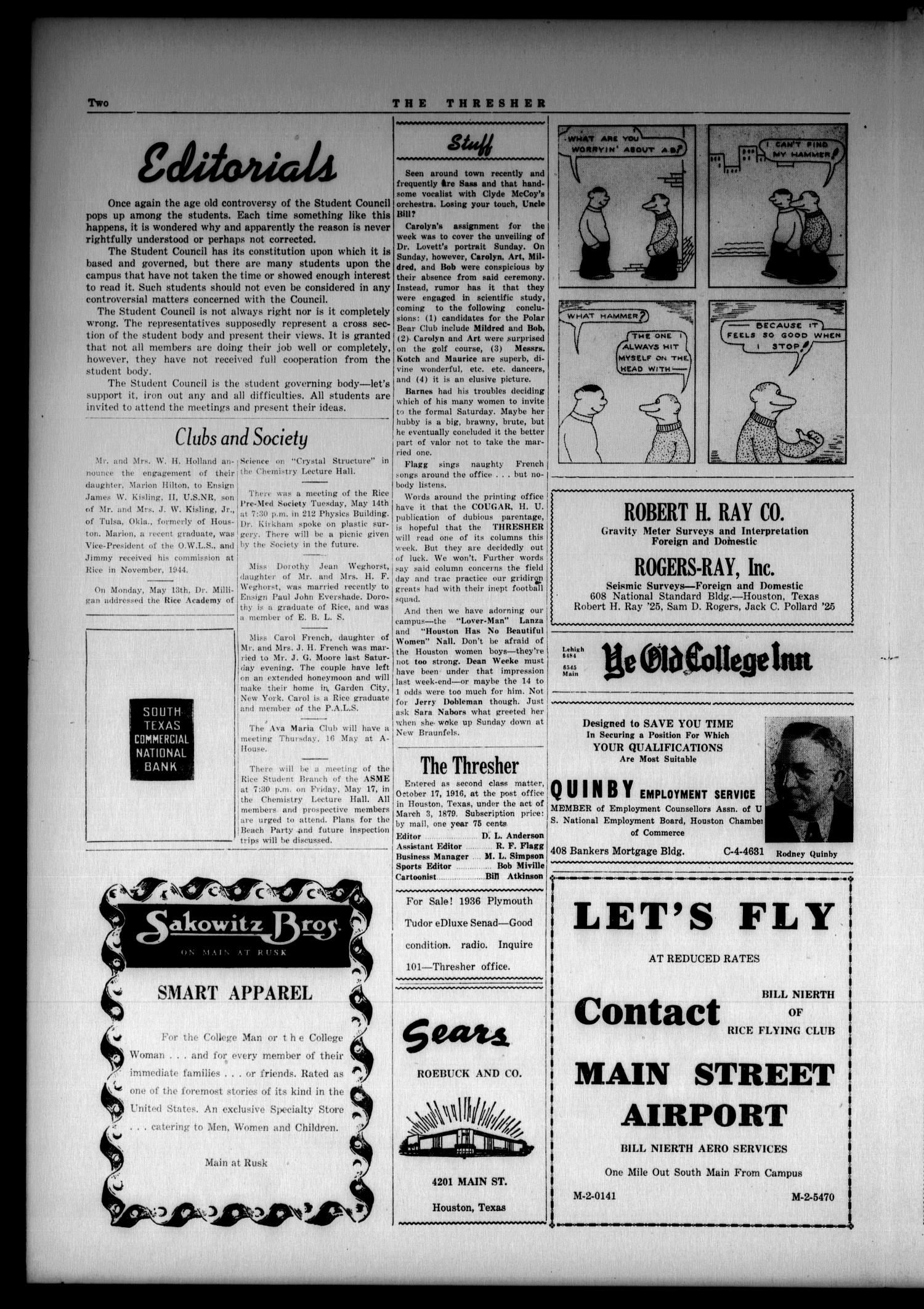 The Thresher (Houston, Tex.), Vol. 33, No. 9, Ed. 1 Thursday, May 16, 1946
                                                
                                                    [Sequence #]: 2 of 4
                                                