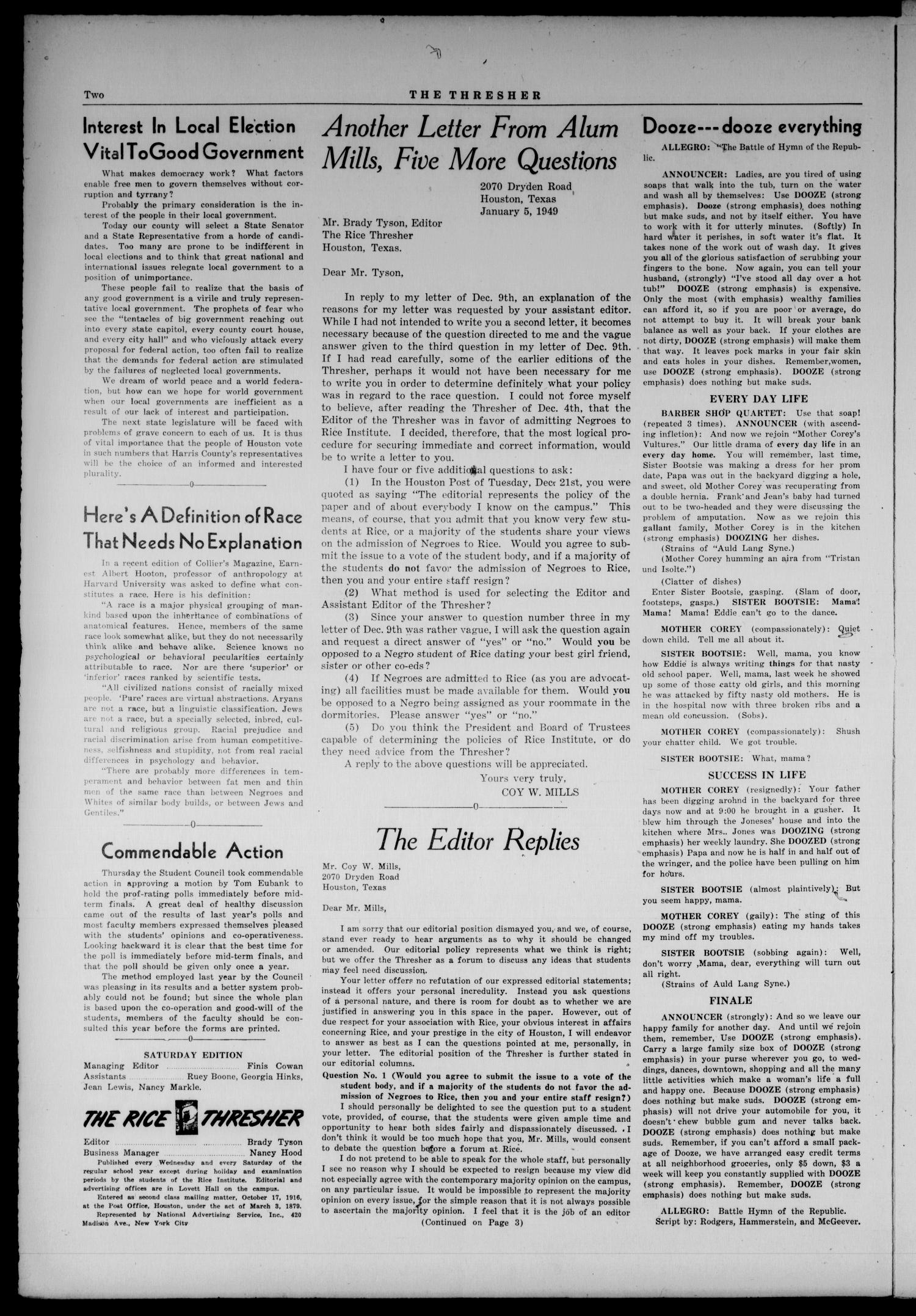 The Rice Thresher (Houston, Tex.), Vol. 36, No. 27, Ed. 1 Saturday, January 8, 1949
                                                
                                                    [Sequence #]: 2 of 8
                                                