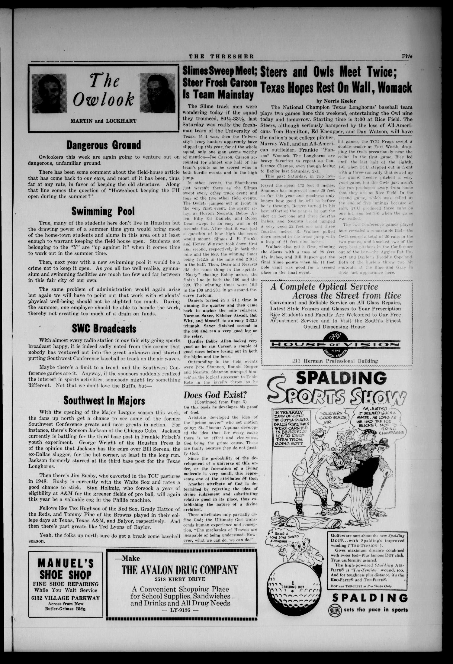 The Rice Thresher (Houston, Tex.), Vol. 37, No. 26, Ed. 1 Friday, April 21, 1950
                                                
                                                    [Sequence #]: 5 of 6
                                                