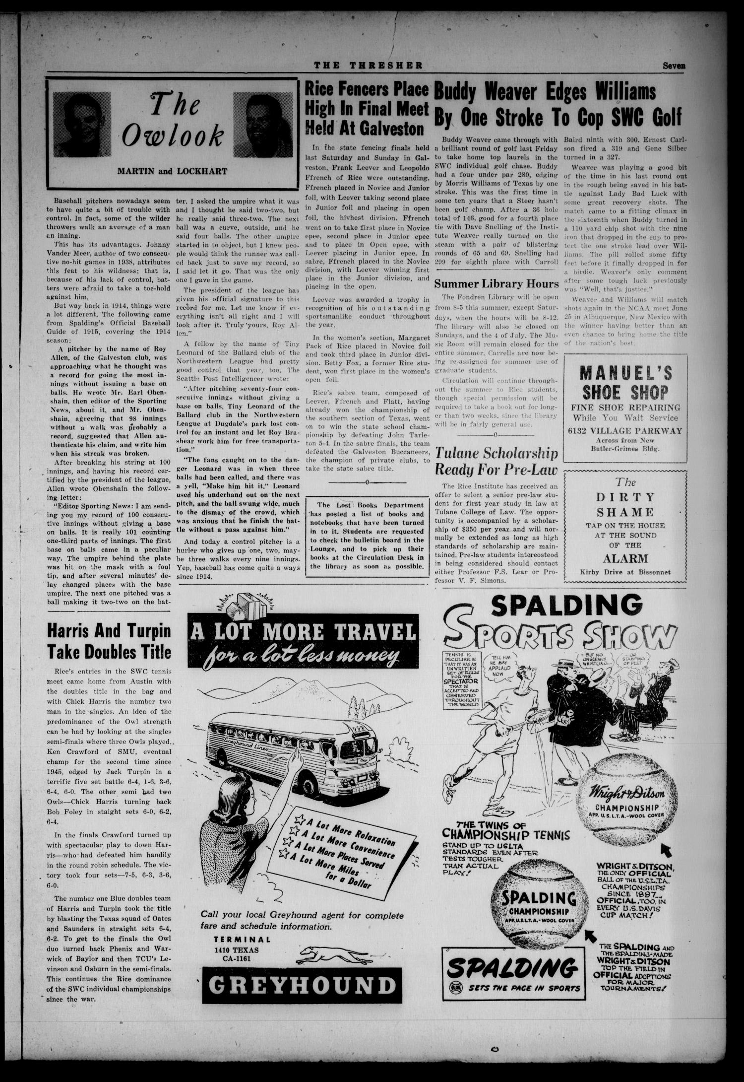 The Rice Thresher (Houston, Tex.), Vol. 37, No. 30, Ed. 1 Thursday, May 18, 1950
                                                
                                                    [Sequence #]: 7 of 8
                                                