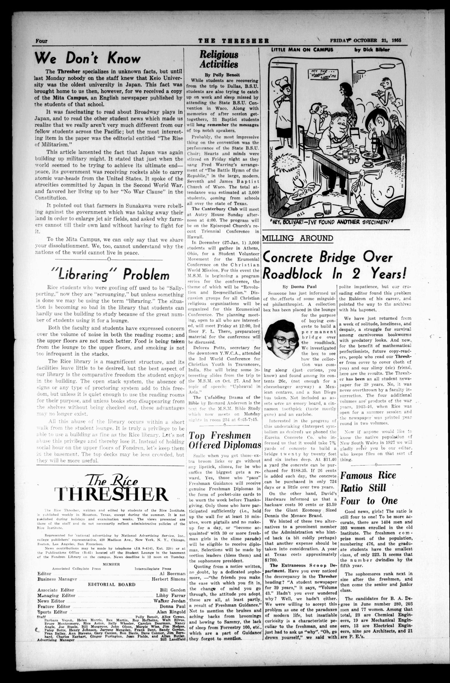 The Rice Thresher (Houston, Tex.), Vol. 43, No. 6, Ed. 1 Friday, October 21, 1955
                                                
                                                    [Sequence #]: 4 of 8
                                                
