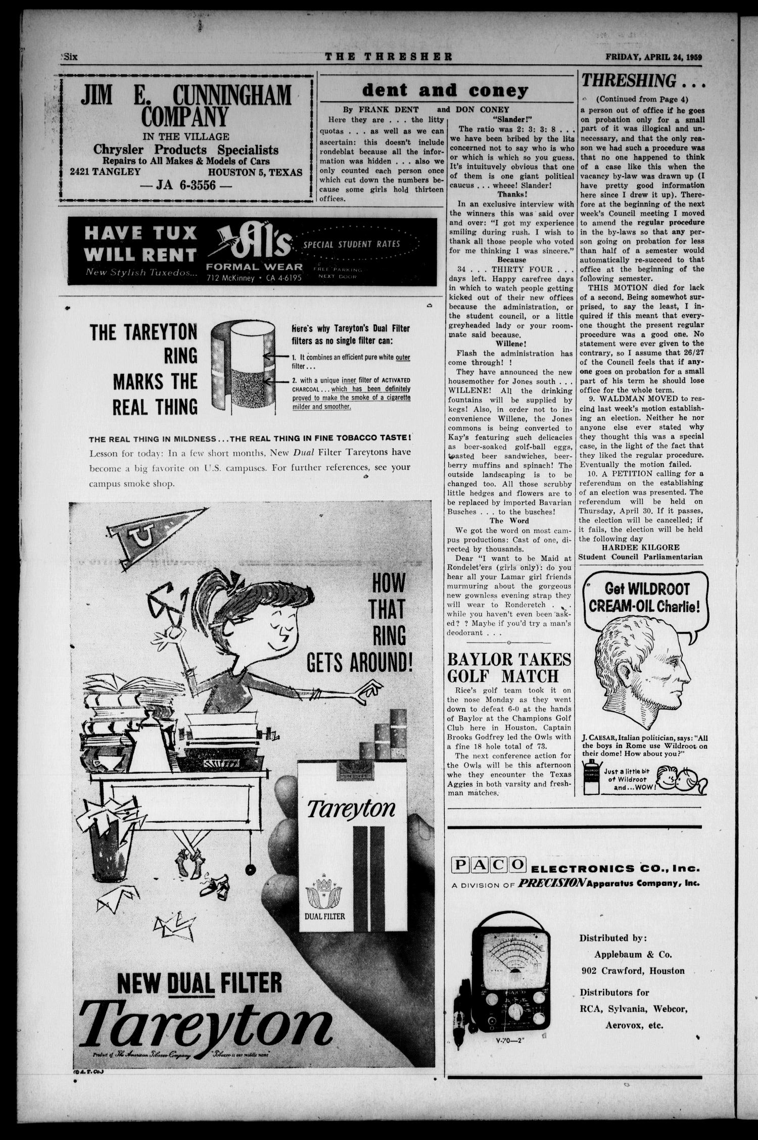 The Rice Thresher (Houston, Tex.), Vol. 46, No. 28, Ed. 1 Friday, April 24, 1959
                                                
                                                    [Sequence #]: 6 of 8
                                                