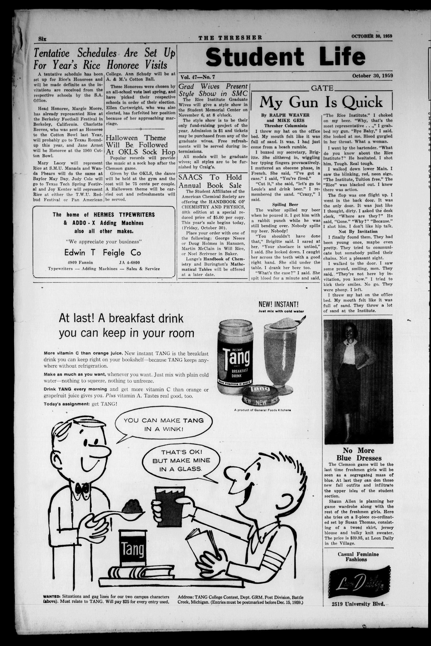 The Rice Thresher (Houston, Tex.), Vol. 47, No. 7, Ed. 1 Friday, October 30, 1959
                                                
                                                    [Sequence #]: 6 of 12
                                                