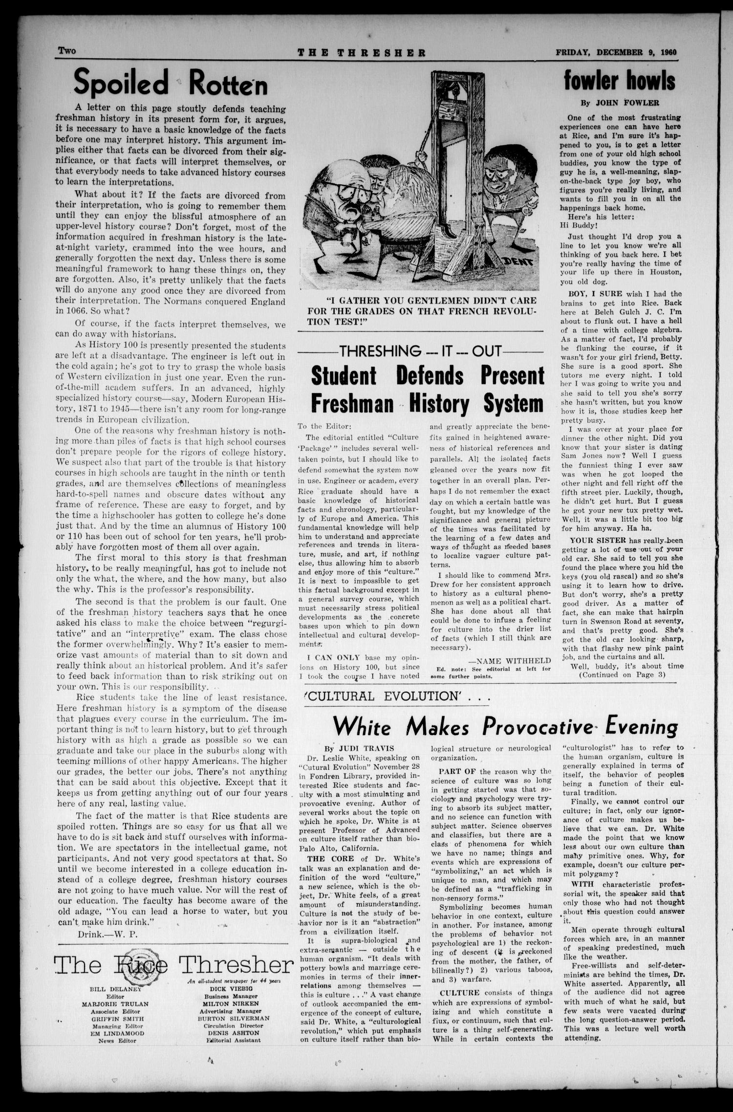 The Rice Thresher (Houston, Tex.), Vol. 48, No. 13, Ed. 1 Friday, December 9, 1960
                                                
                                                    [Sequence #]: 2 of 8
                                                