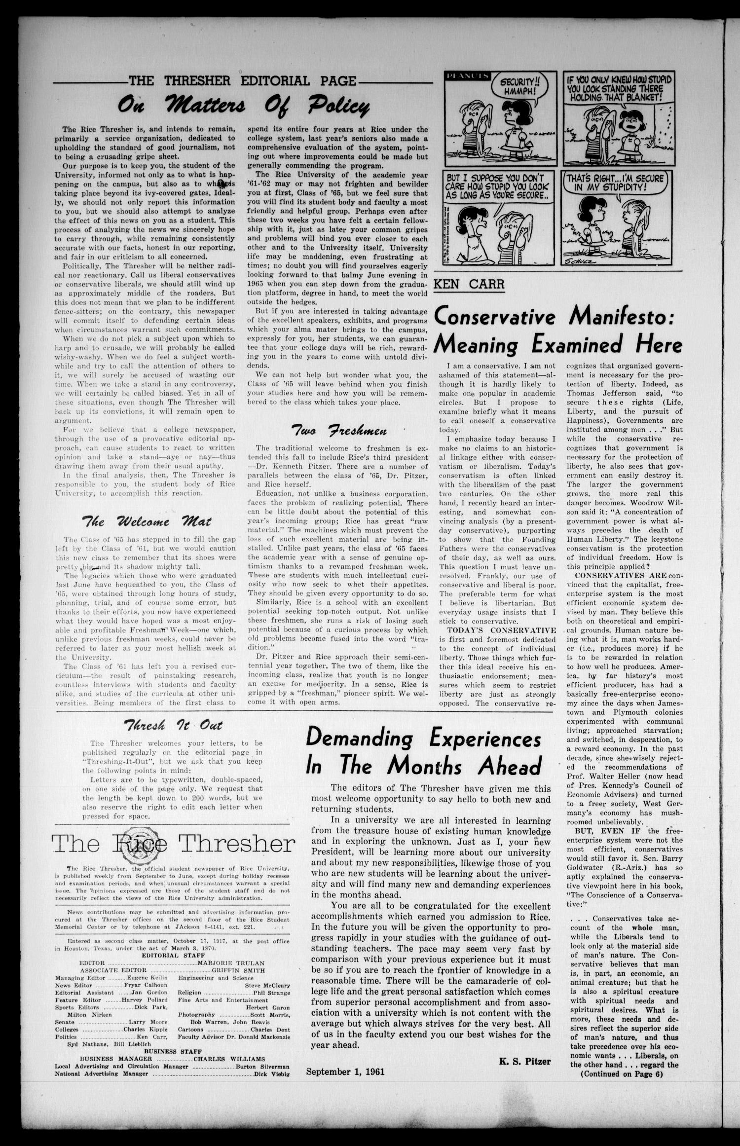 The Rice Thresher (Houston, Tex.), Vol. 49, No. 1, Ed. 1 Friday, September 15, 1961
                                                
                                                    [Sequence #]: 2 of 6
                                                
