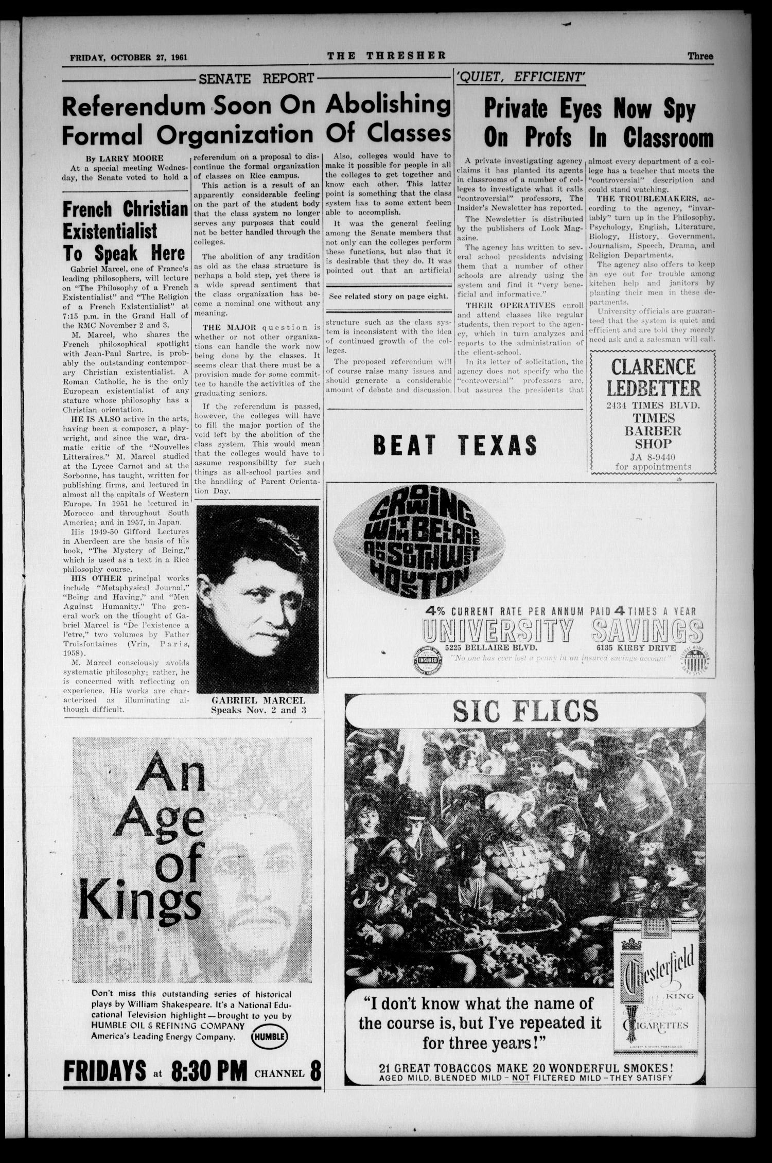 The Rice Thresher (Houston, Tex.), Vol. 49, No. 7, Ed. 1 Friday, October 27, 1961
                                                
                                                    [Sequence #]: 3 of 12
                                                