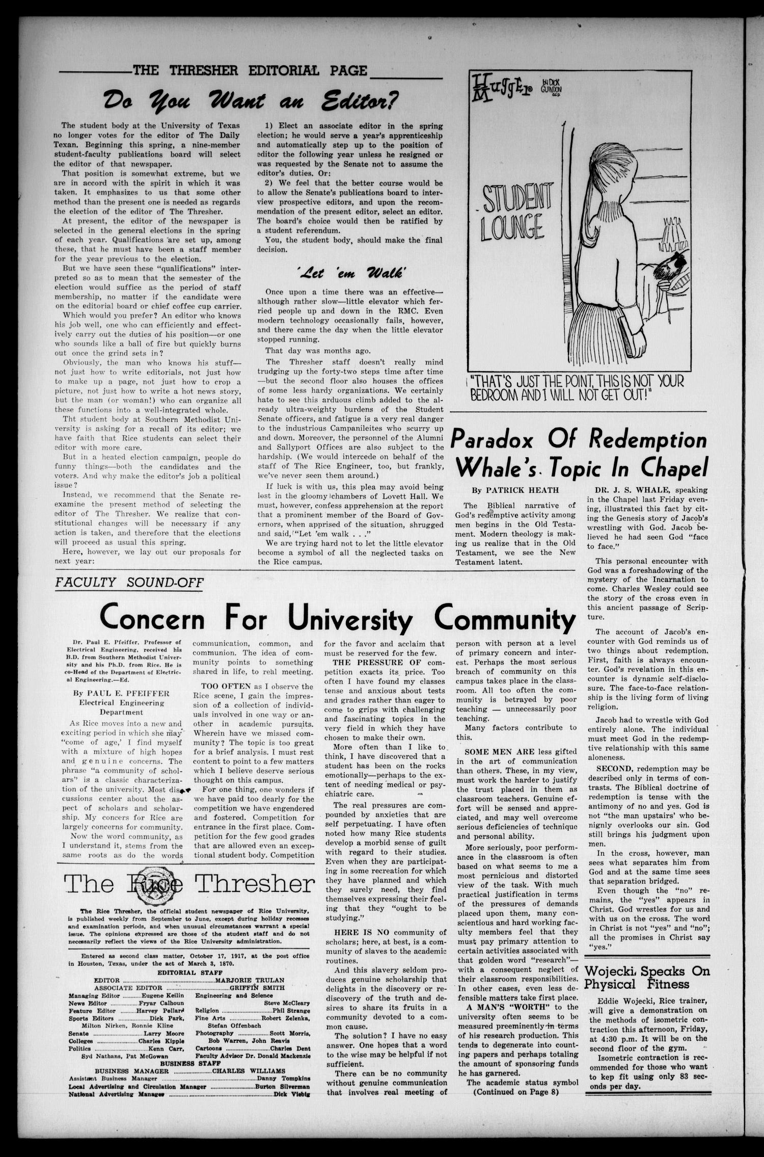 The Rice Thresher (Houston, Tex.), Vol. 49, No. 18, Ed. 1 Friday, February 23, 1962
                                                
                                                    [Sequence #]: 2 of 10
                                                