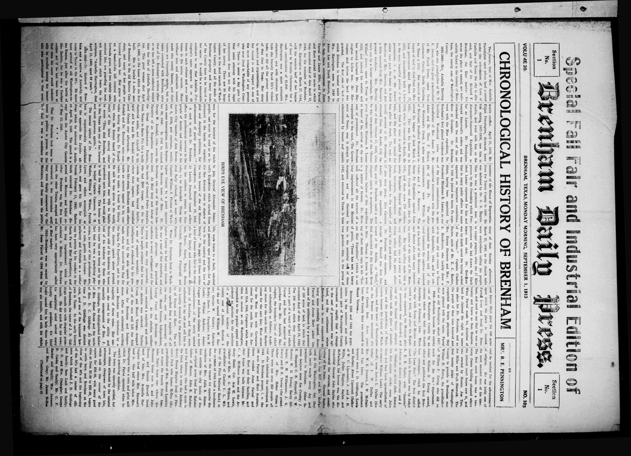 Brenham Daily Press. (Brenham, Tex.), Vol. 20, No. 103, Ed. 1 Monday, September 1, 1913
                                                
                                                    [Sequence #]: 1 of 25
                                                