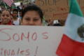 Photograph: [Close-up on crowd with handwritten signs and Mexican flag]