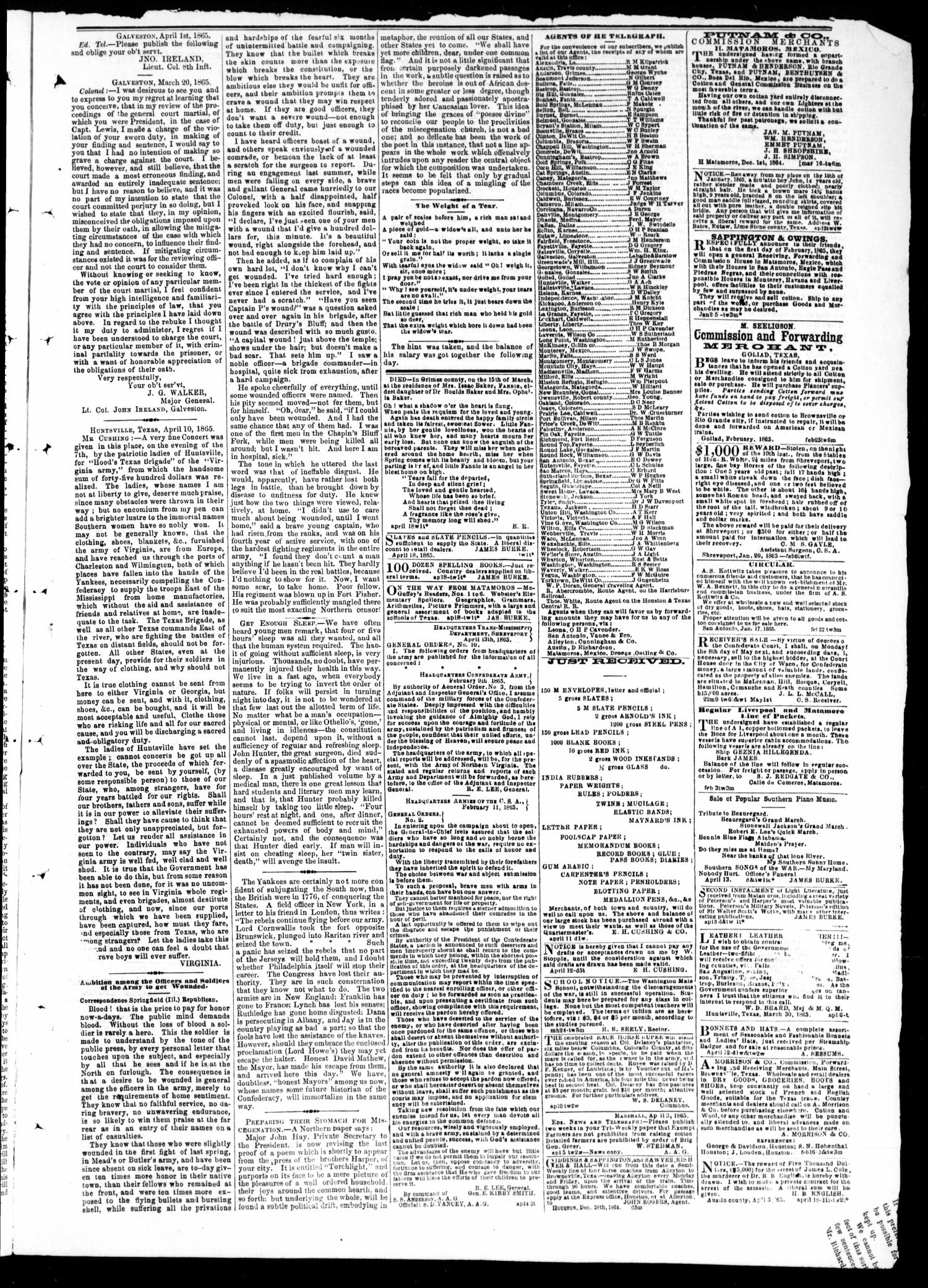 The Houston Tri-Weekly Telegraph (Houston, Tex.), Vol. 31, No. 11, Ed. 1 Wednesday, April 19, 1865
                                                
                                                    [Sequence #]: 3 of 4
                                                