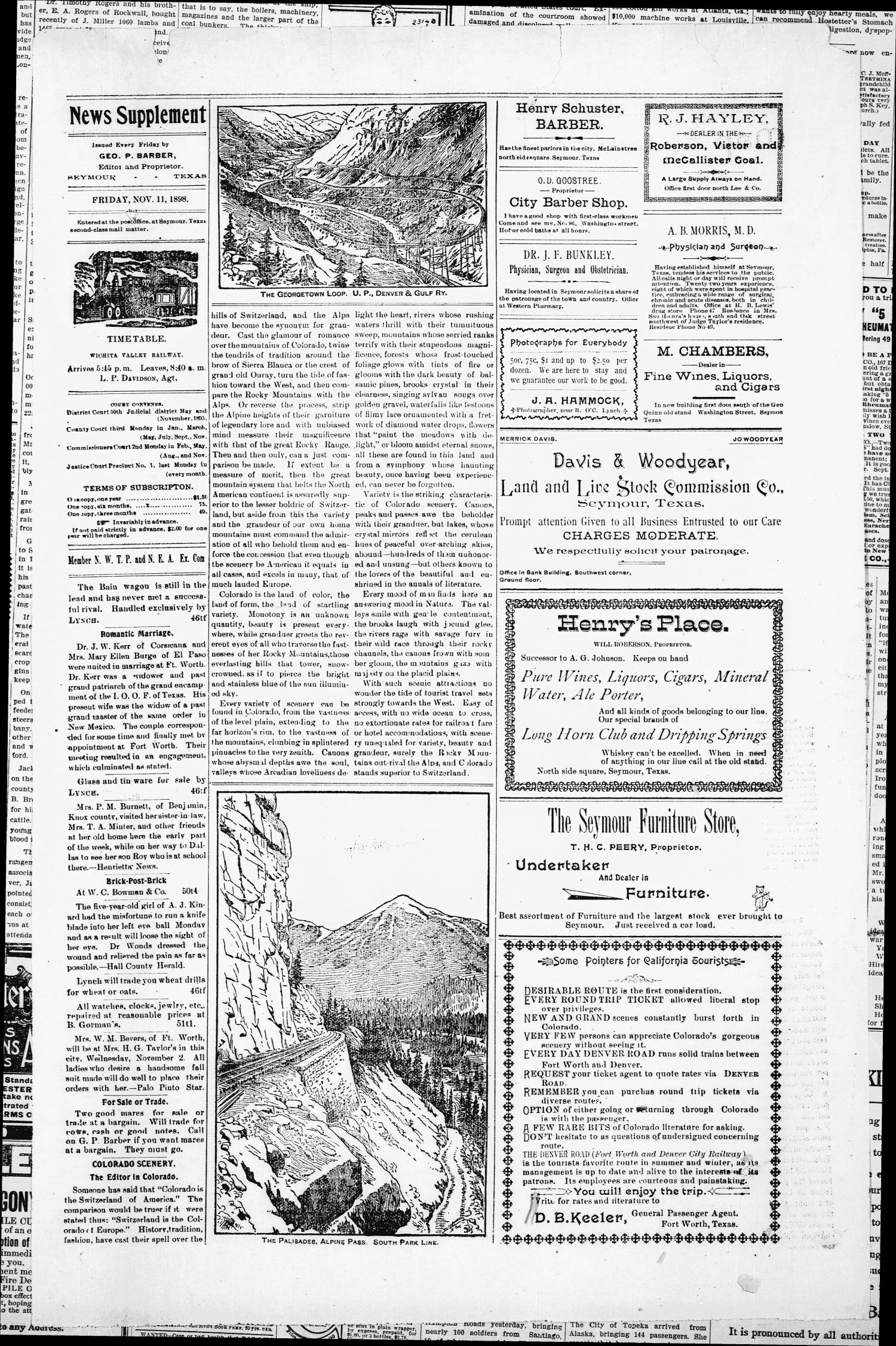 The Seymour News (Seymour, Tex.), Vol. 10, No. 1, Ed. 1 Friday, November 11, 1898
                                                
                                                    [Sequence #]: 3 of 6
                                                