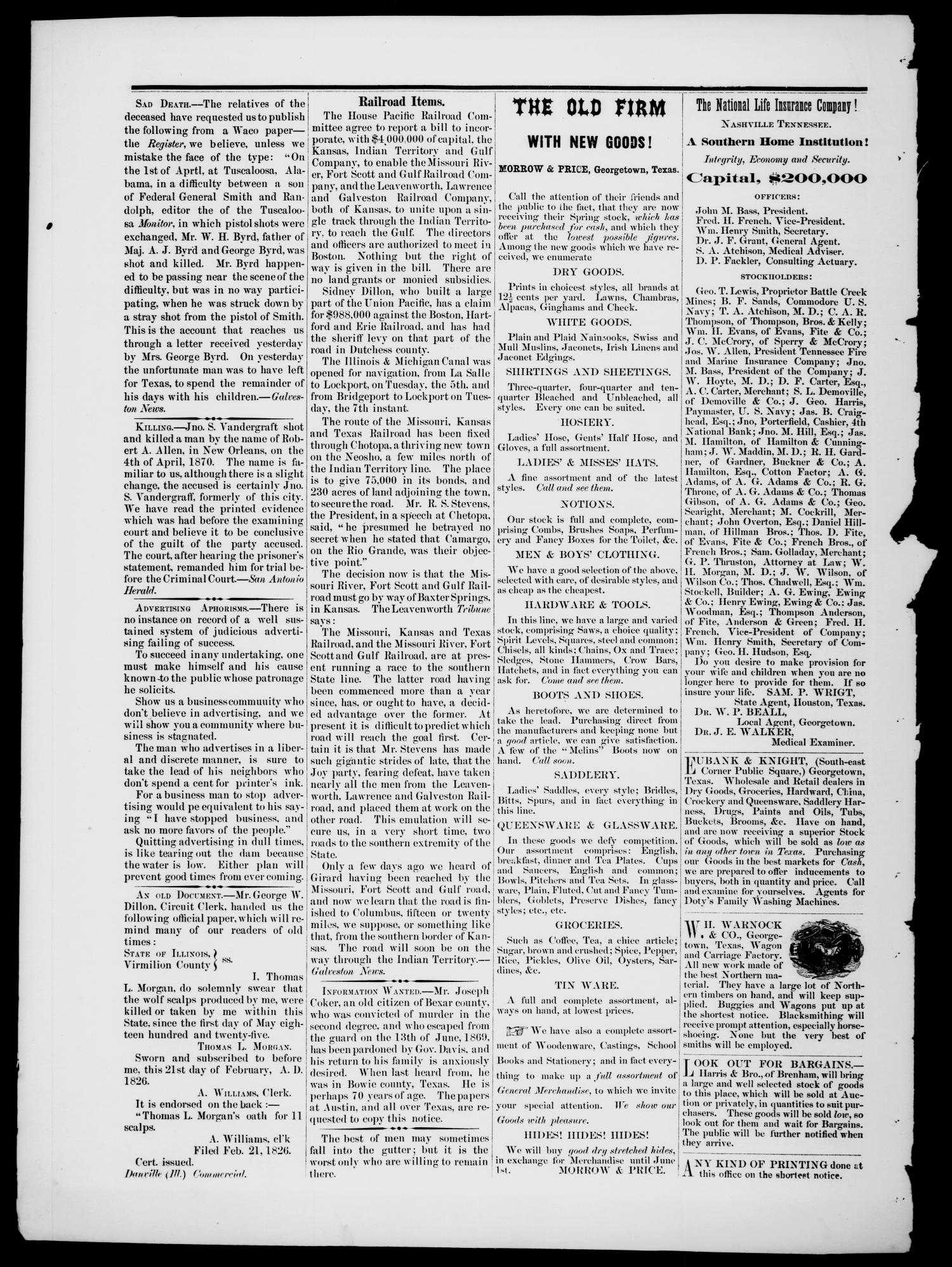 The Watchman (Georgetown, Tex.), Vol. 4, No. 2, Ed. 1 Saturday, April 30, 1870
                                                
                                                    [Sequence #]: 4 of 8
                                                