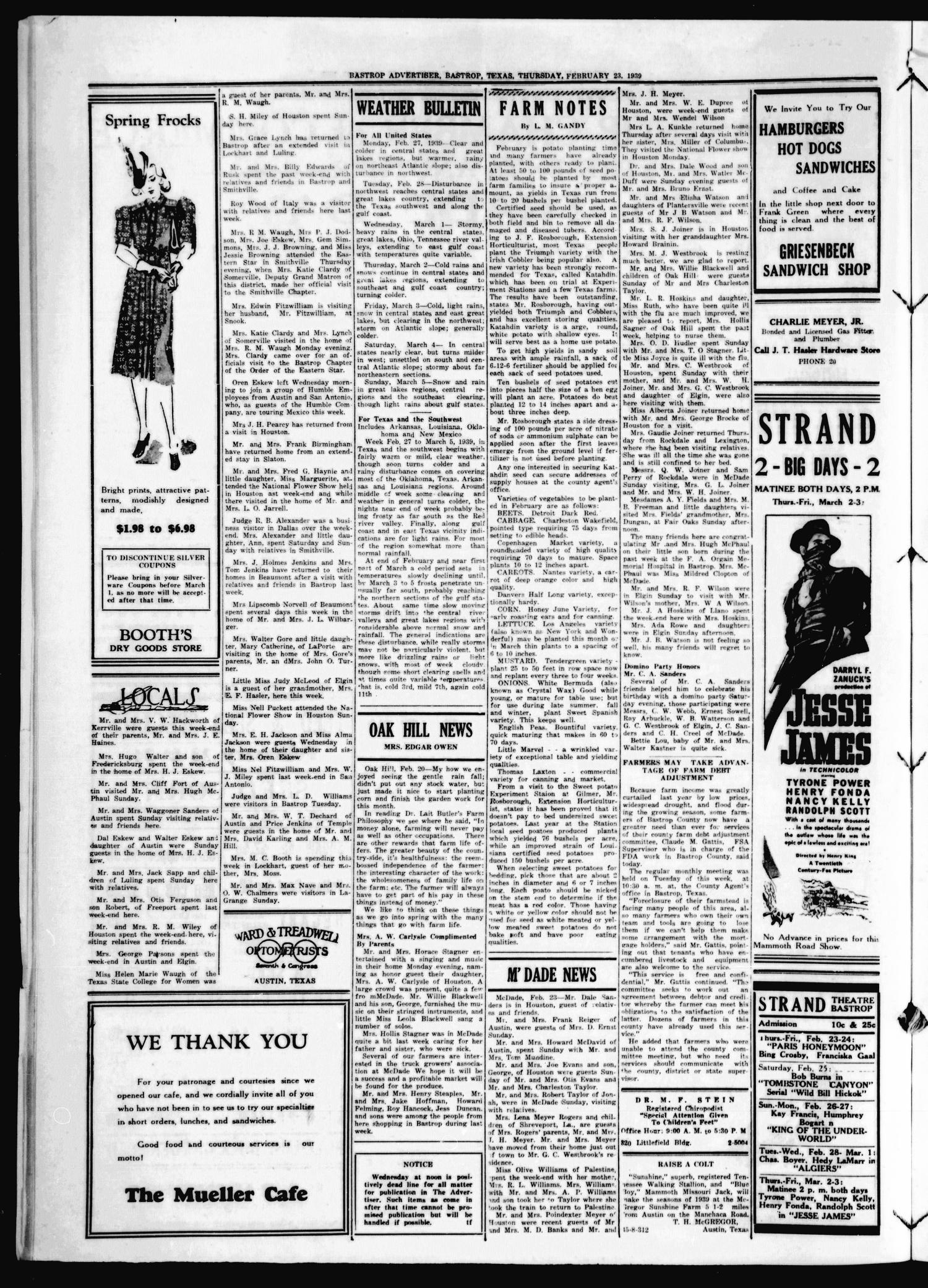 Bastrop Advertiser (Bastrop, Tex.), Vol. 85, No. 49, Ed. 1 Thursday, February 23, 1939
                                                
                                                    [Sequence #]: 4 of 4
                                                