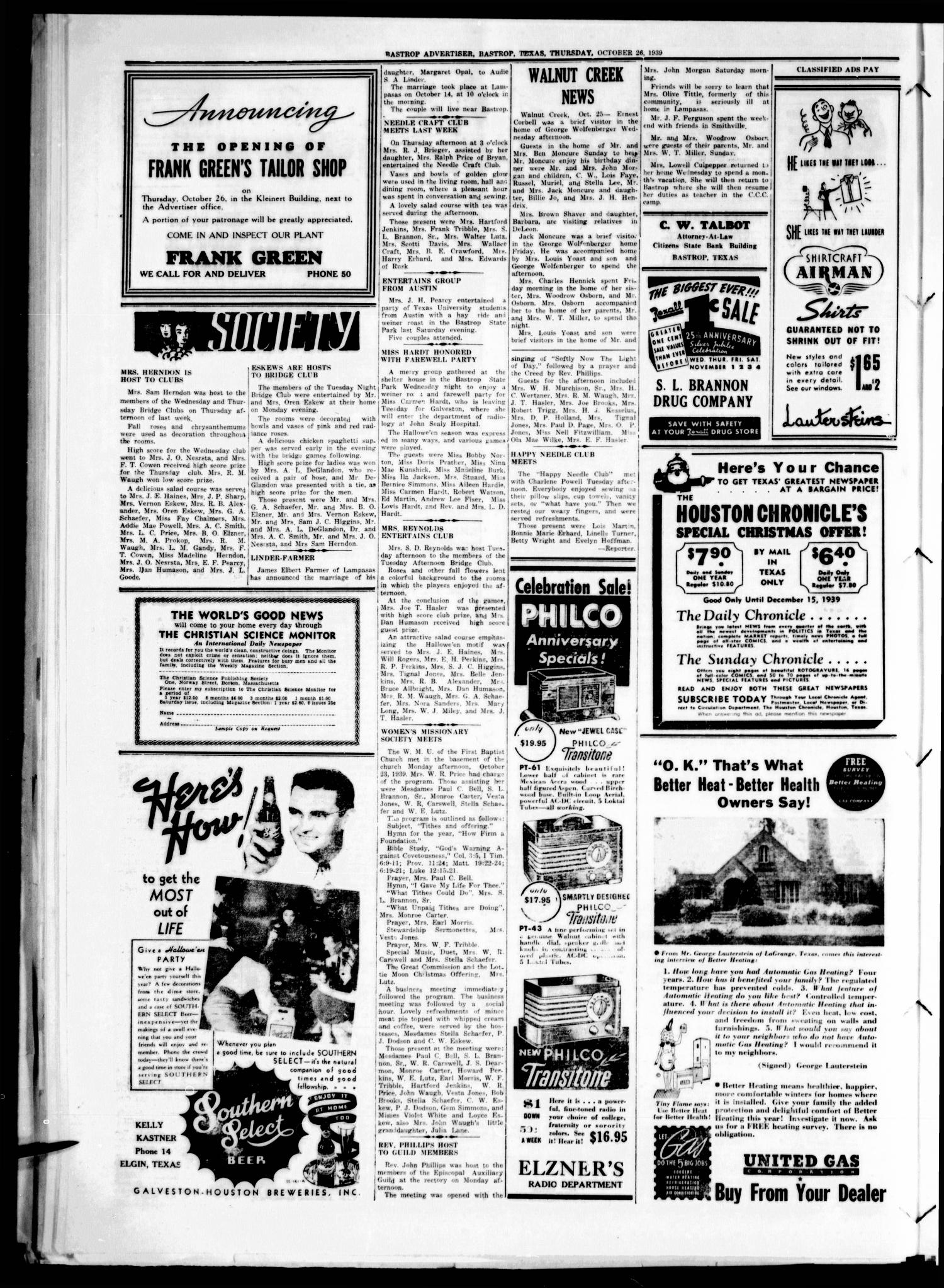 Bastrop Advertiser (Bastrop, Tex.), Vol. 86, No. 32, Ed. 1 Thursday, October 26, 1939
                                                
                                                    [Sequence #]: 2 of 4
                                                