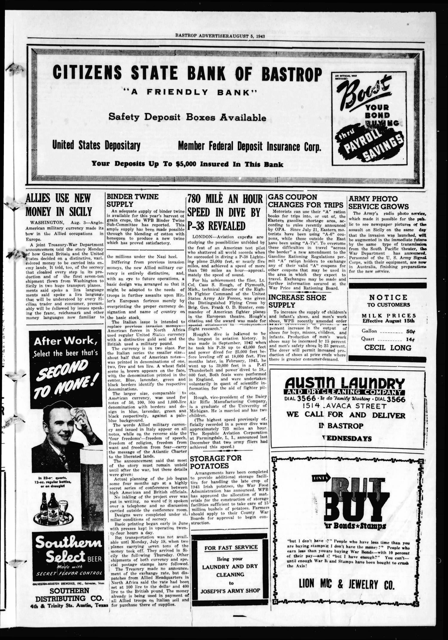 Bastrop Advertiser (Bastrop, Tex.), Vol. 90, No. 20, Ed. 1 Thursday, August 5, 1943
                                                
                                                    [Sequence #]: 5 of 8
                                                