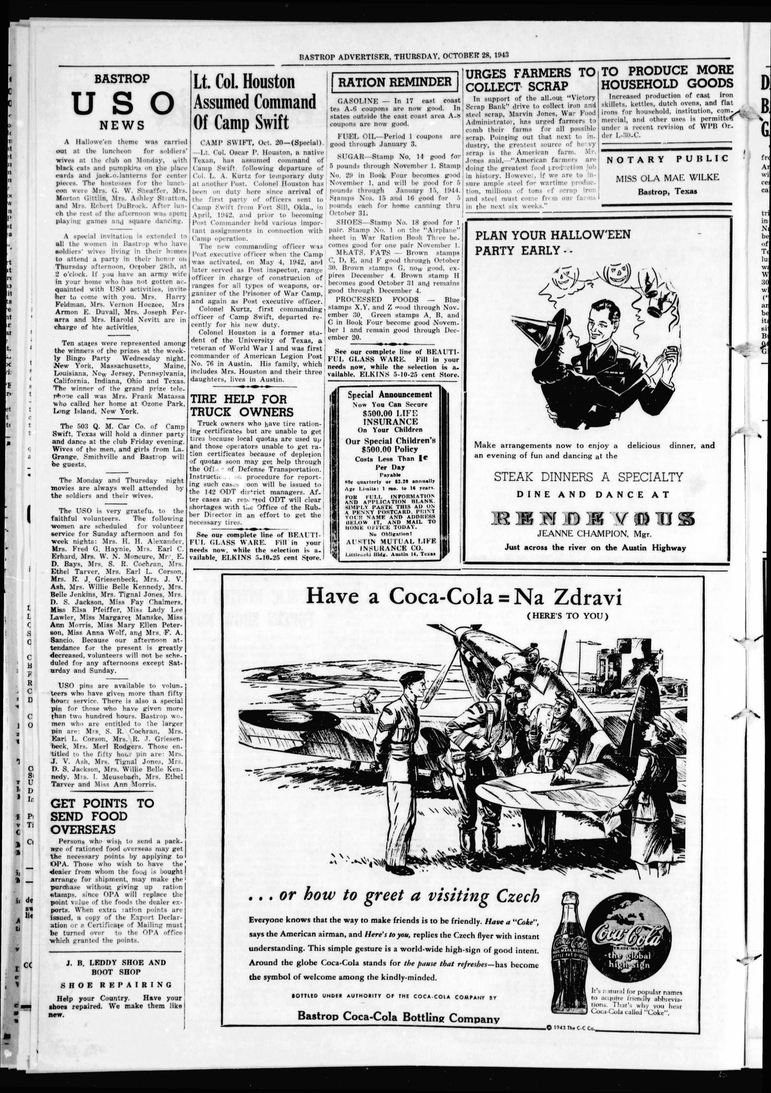 Bastrop Advertiser (Bastrop, Tex.), Vol. 90, No. 32, Ed. 1 Thursday, October 28, 1943
                                                
                                                    [Sequence #]: 2 of 8
                                                