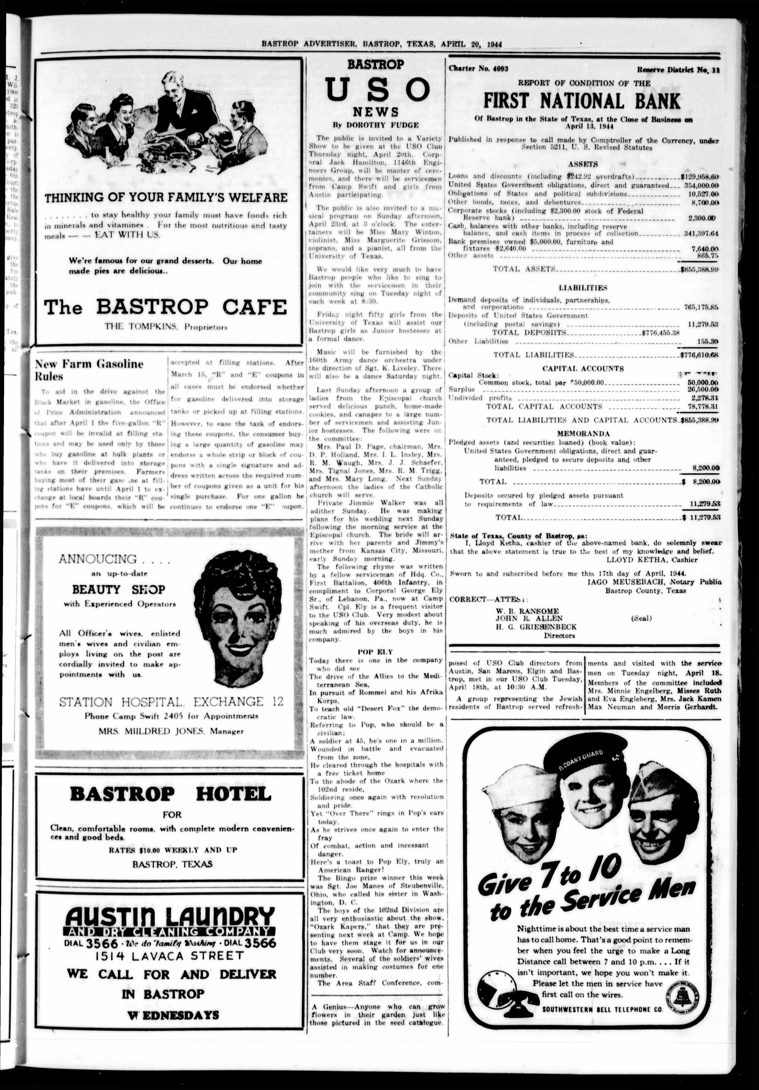 Bastrop Advertiser (Bastrop, Tex.), Vol. 91, No. 5, Ed. 1 Thursday, April 20, 1944
                                                
                                                    [Sequence #]: 3 of 8
                                                
