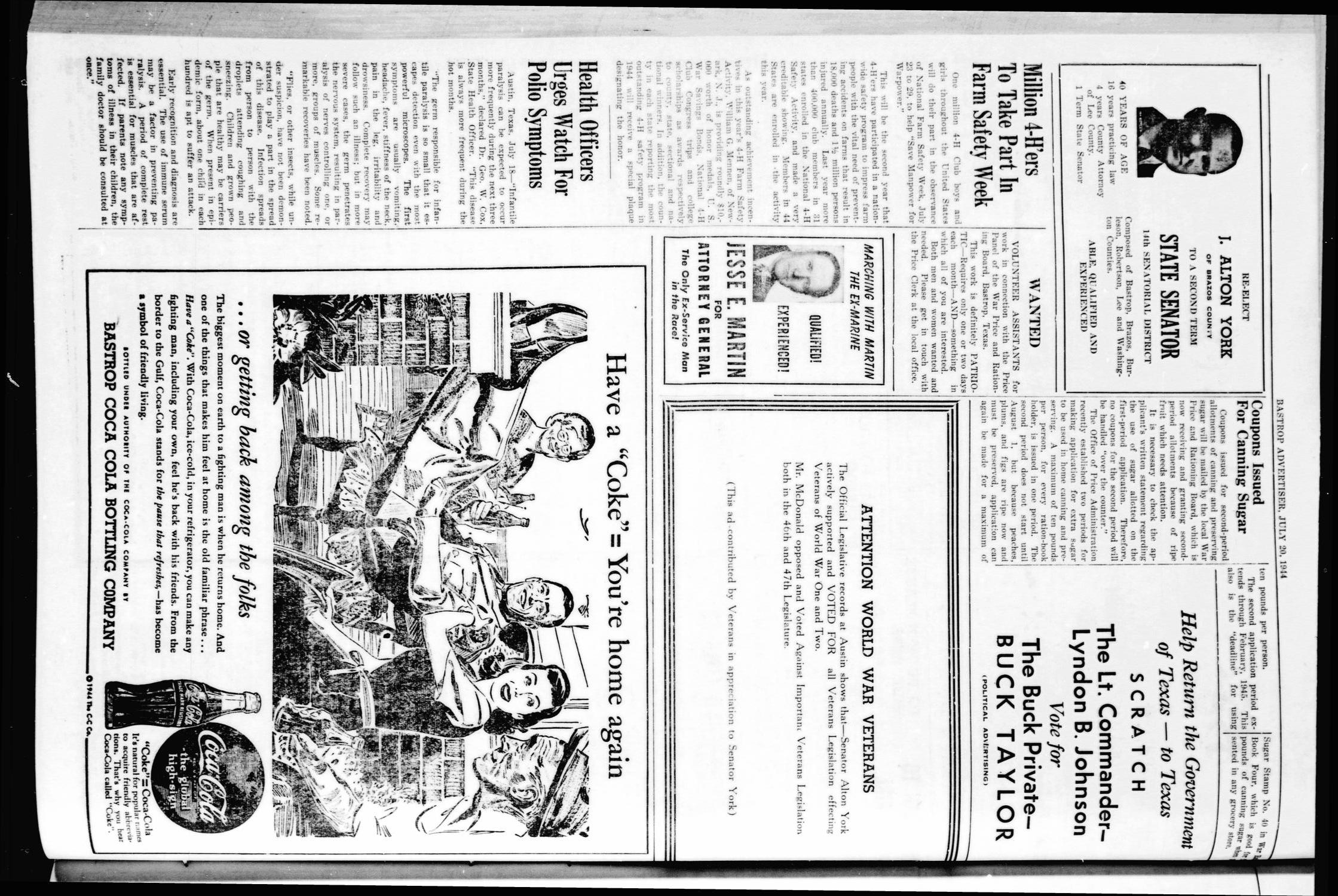 Bastrop Advertiser (Bastrop, Tex.), Vol. 91, No. 18, Ed. 1 Thursday, July 20, 1944
                                                
                                                    [Sequence #]: 2 of 8
                                                