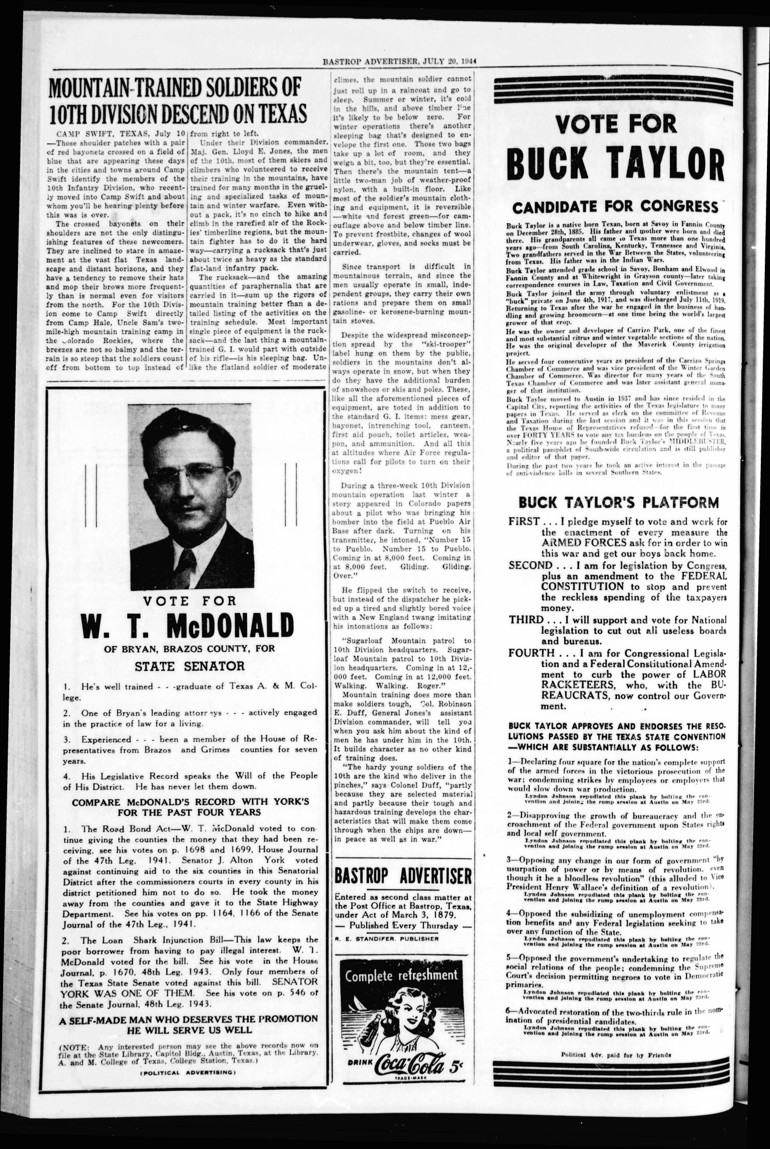 Bastrop Advertiser (Bastrop, Tex.), Vol. 91, No. 18, Ed. 1 Thursday, July 20, 1944
                                                
                                                    [Sequence #]: 6 of 8
                                                