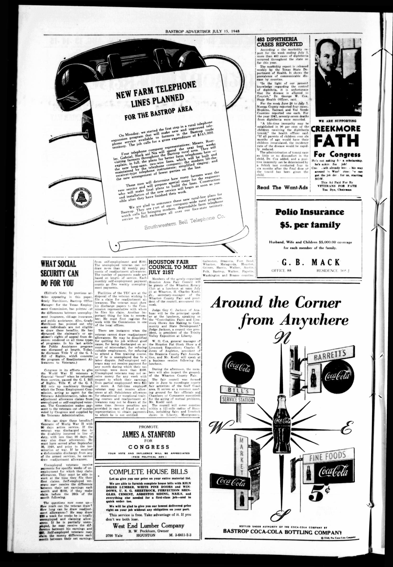 Bastrop Advertiser (Bastrop, Tex.), Vol. 96, No. 20, Ed. 1 Thursday, July 15, 1948
                                                
                                                    [Sequence #]: 2 of 10
                                                