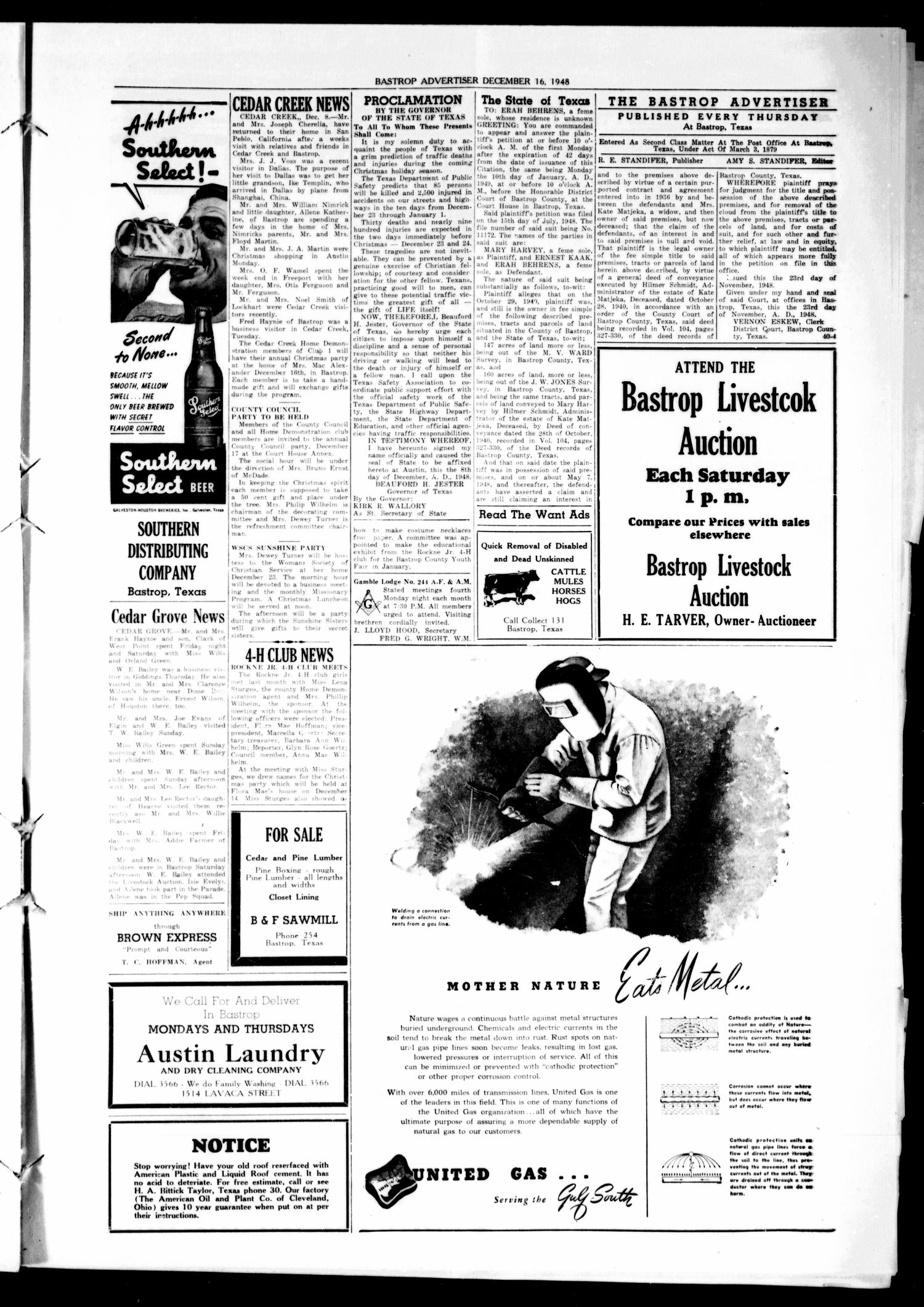 Bastrop Advertiser (Bastrop, Tex.), Vol. 96, No. 42, Ed. 1 Thursday, December 16, 1948
                                                
                                                    [Sequence #]: 9 of 10
                                                