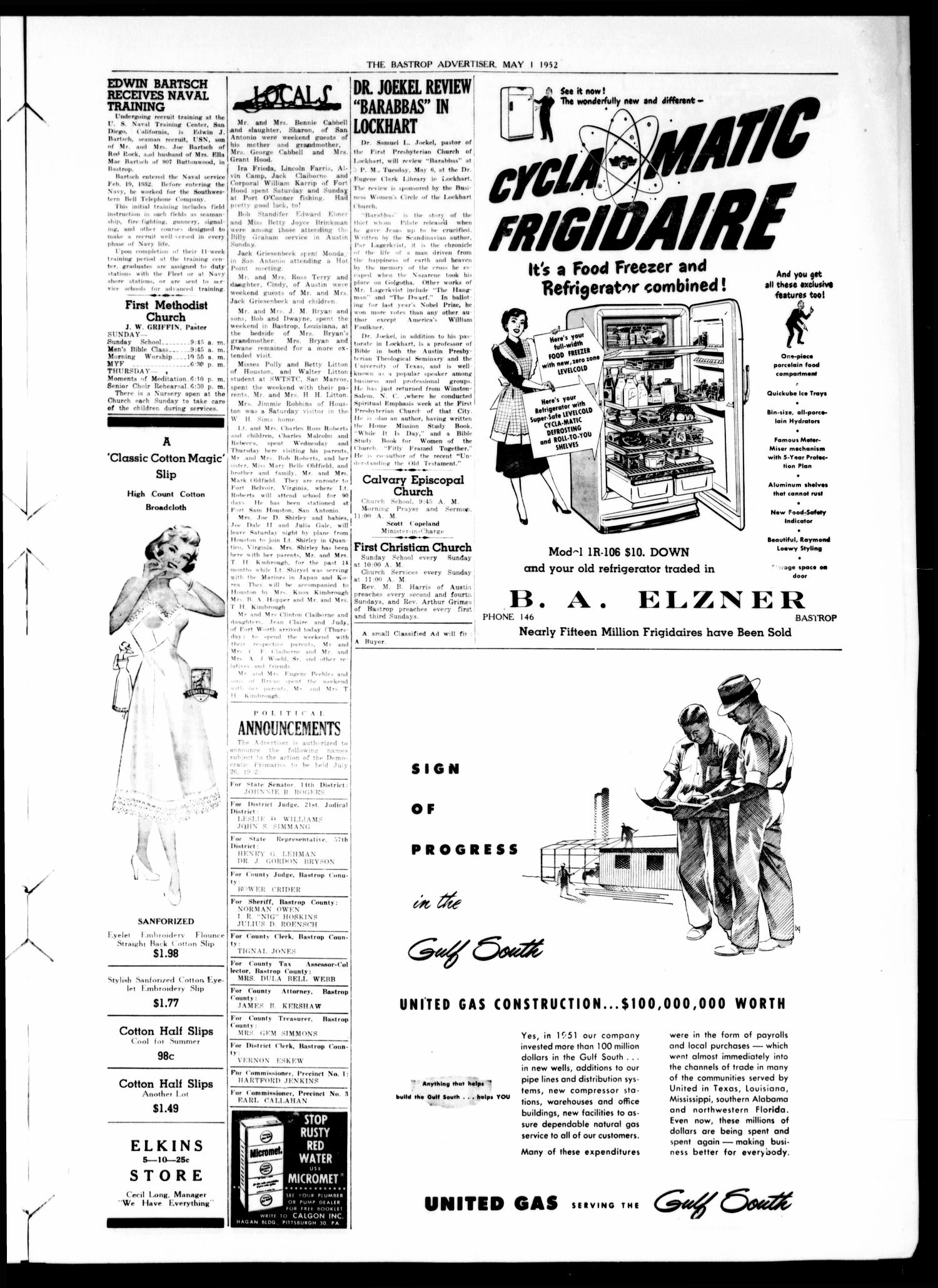 Bastrop Advertiser (Bastrop, Tex.), Vol. 100, No. 9, Ed. 1 Thursday, May 1, 1952
                                                
                                                    [Sequence #]: 3 of 8
                                                