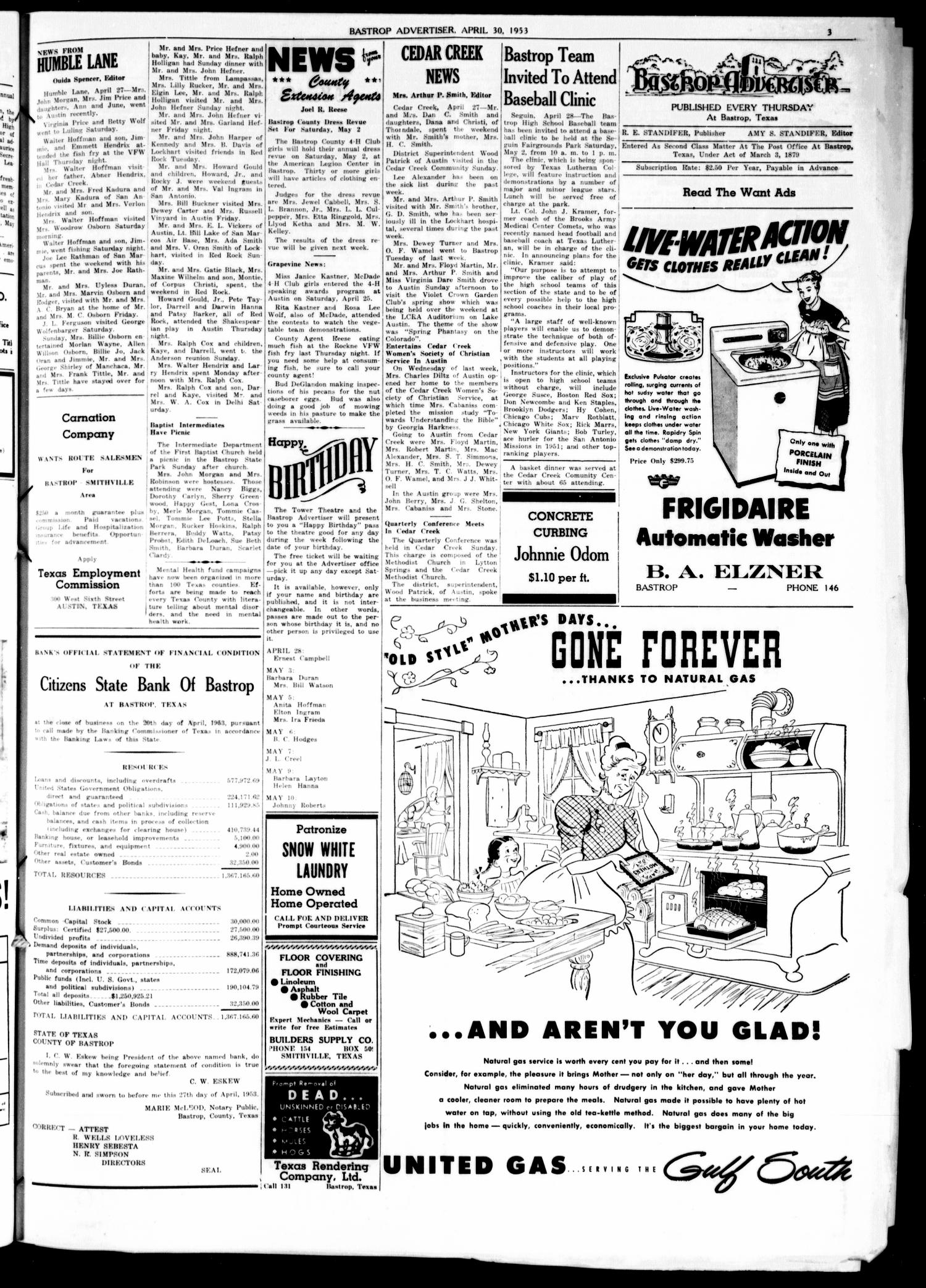 Bastrop Advertiser (Bastrop, Tex.), Vol. 101, No. 9, Ed. 1 Thursday, April 30, 1953
                                                
                                                    [Sequence #]: 3 of 8
                                                