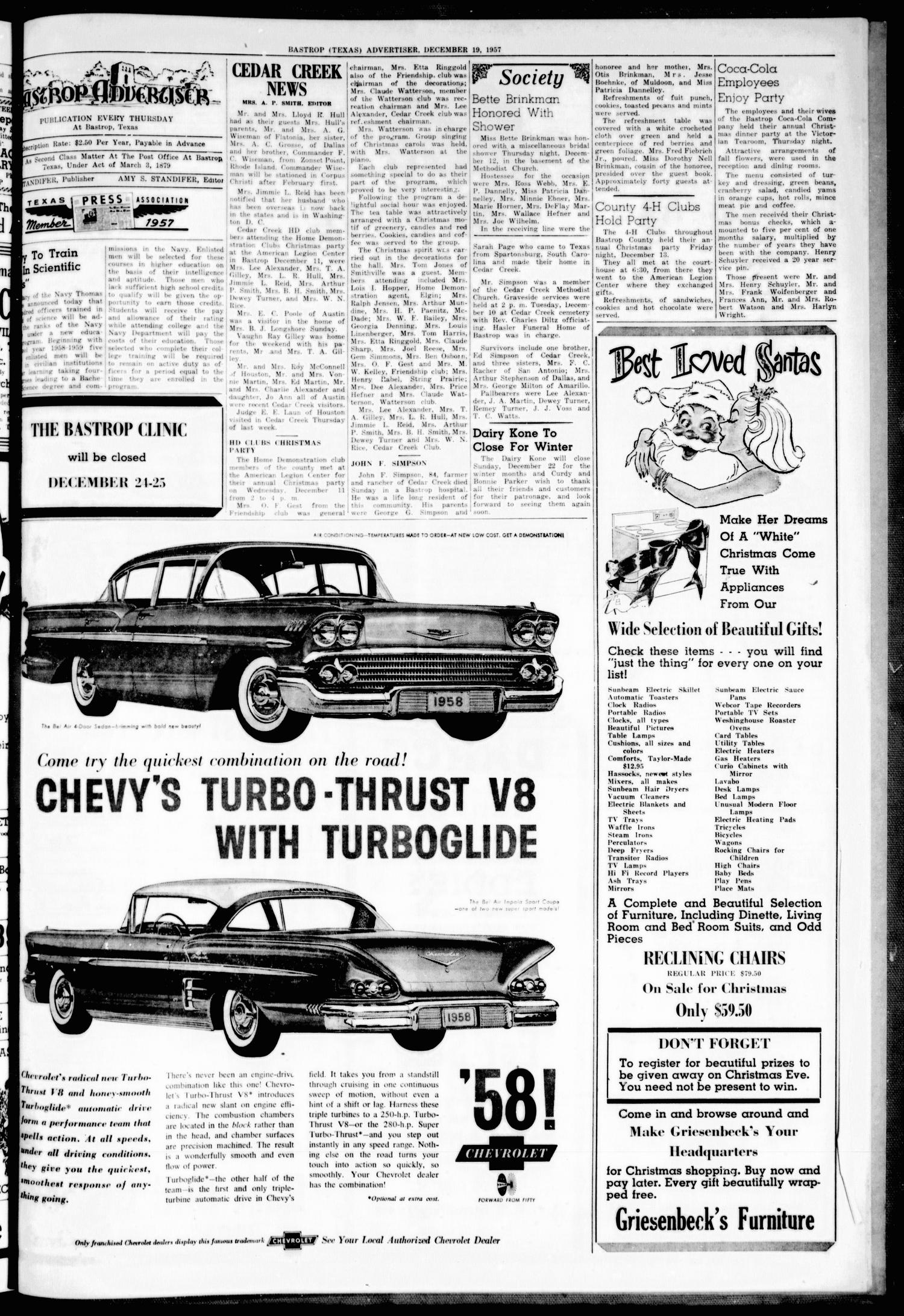 Bastrop Advertiser (Bastrop, Tex.), Vol. 105, No. 42, Ed. 1 Thursday, December 19, 1957
                                                
                                                    [Sequence #]: 3 of 10
                                                