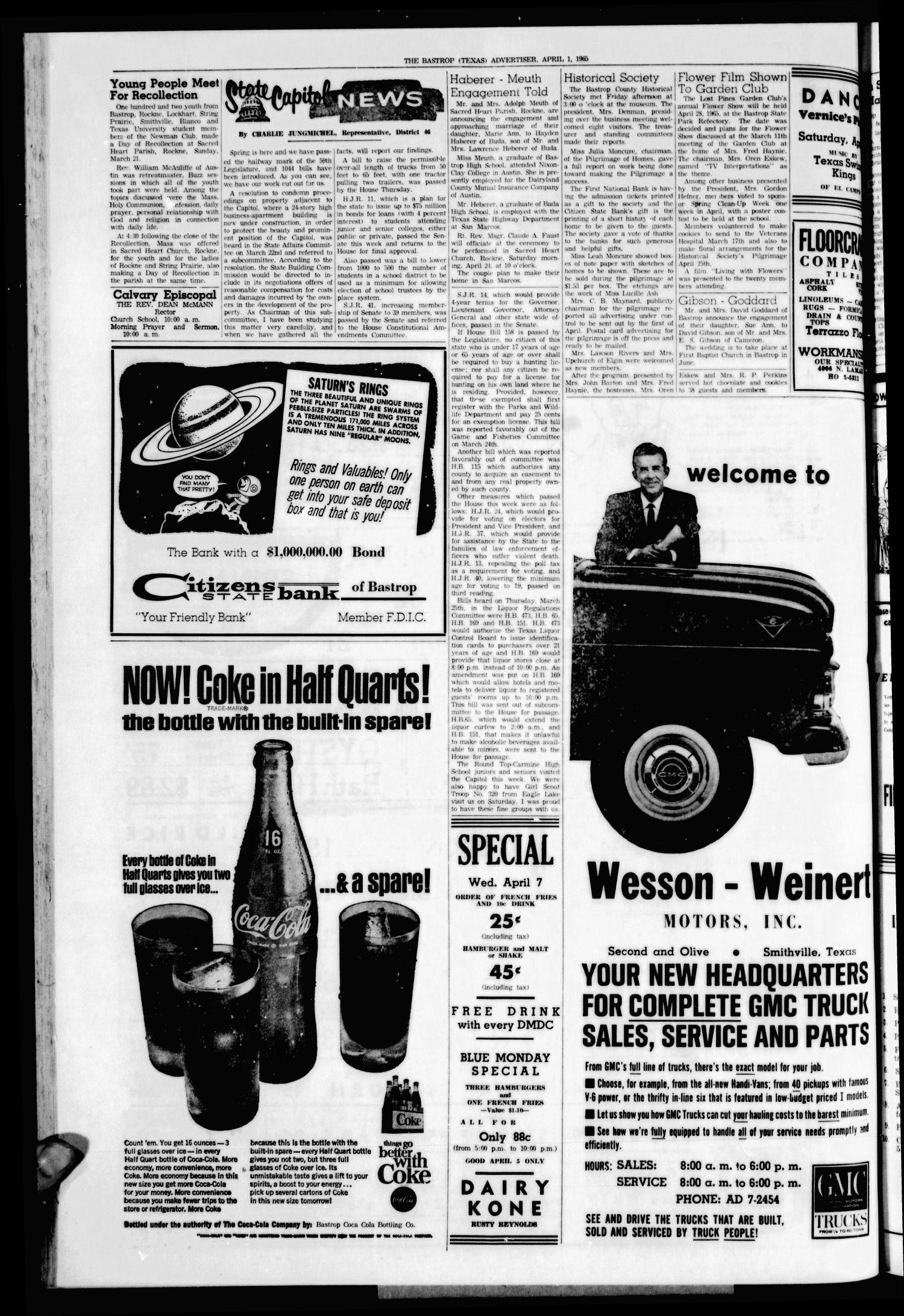 Bastrop Advertiser (Bastrop, Tex.), Vol. 113, No. 5, Ed. 1 Thursday, April 1, 1965
                                                
                                                    [Sequence #]: 4 of 8
                                                