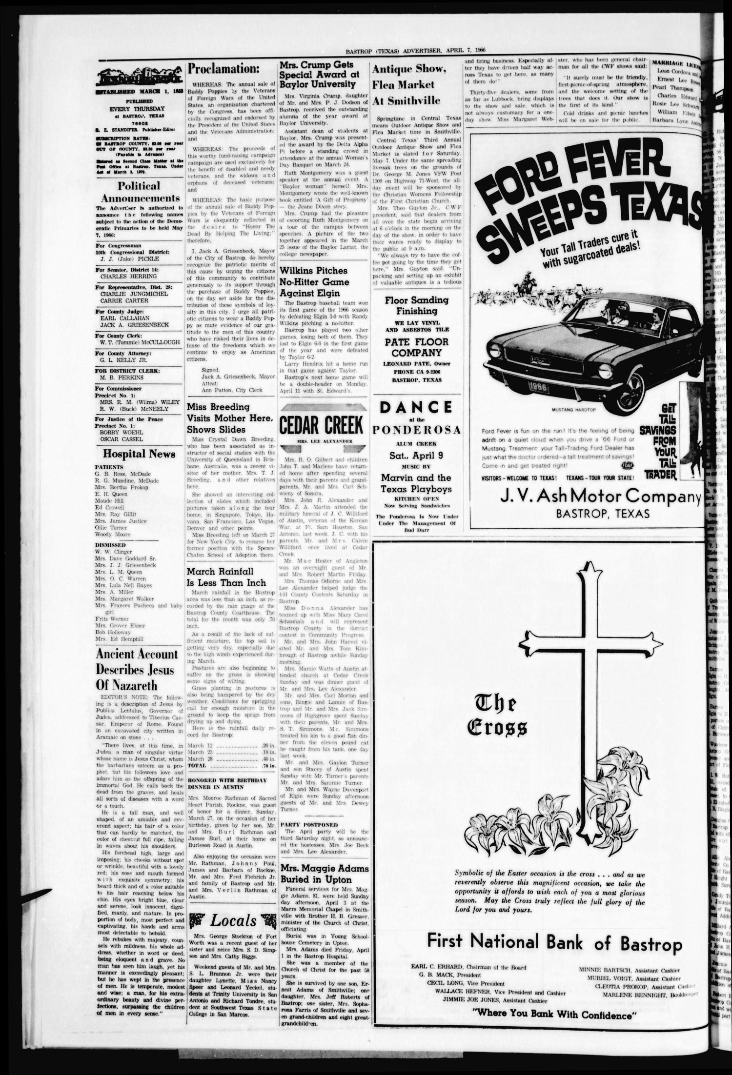 Bastrop Advertiser (Bastrop, Tex.), Vol. 114, No. 6, Ed. 1 Thursday, April 7, 1966
                                                
                                                    [Sequence #]: 4 of 8
                                                