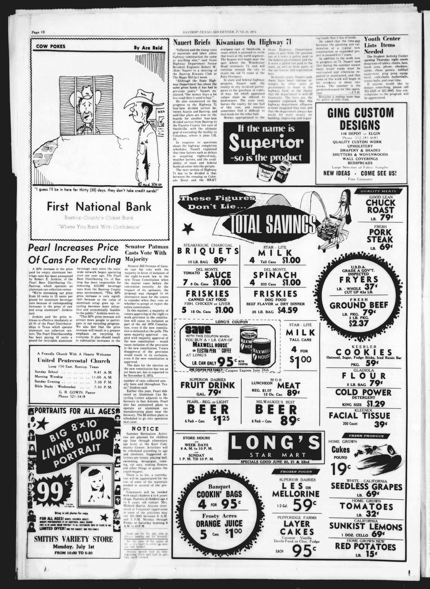 Bastrop Advertiser and Bastrop County News (Bastrop, Tex.), Vol. [121], No. 16, Ed. 1 Thursday, June 20, 1974
                                                
                                                    [Sequence #]: 10 of 10
                                                
