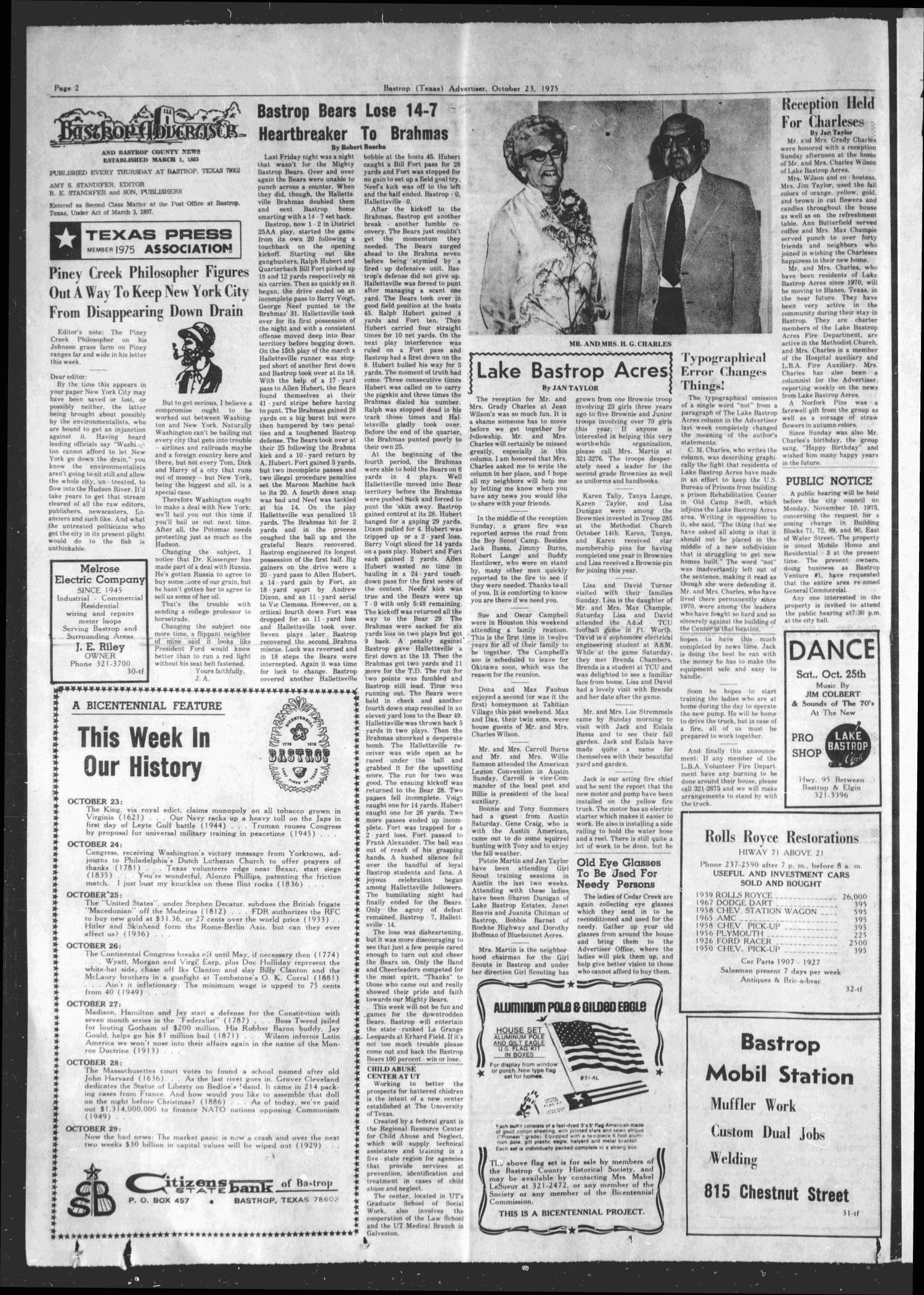 Bastrop Advertiser and Bastrop County News (Bastrop, Tex.), Vol. [122], No. 34, Ed. 1 Thursday, October 23, 1975
                                                
                                                    [Sequence #]: 2 of 12
                                                