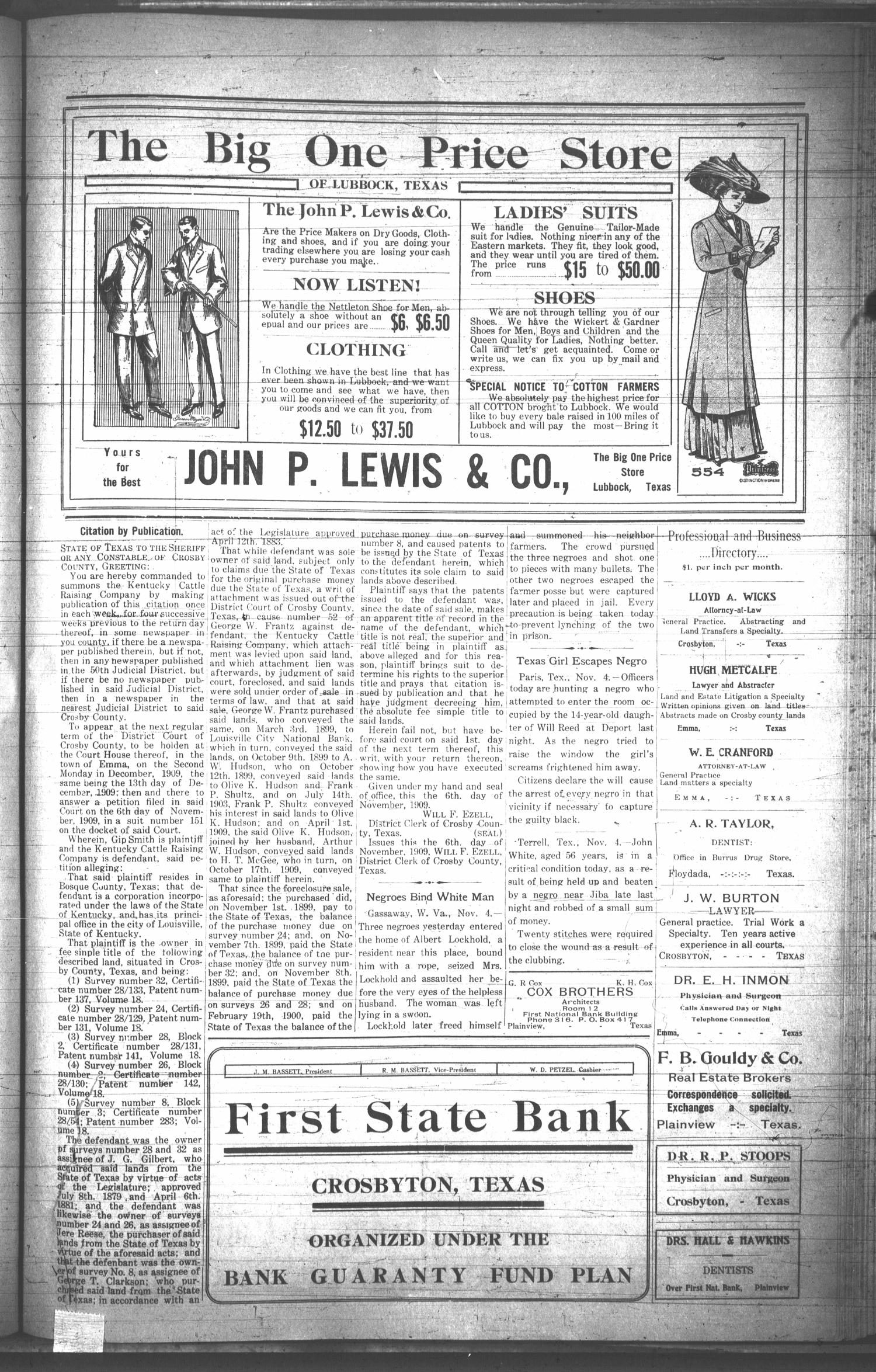 The Crosbyton Review. (Crosbyton, Tex.), Vol. 1, No. 44, Ed. 1 Thursday, November 11, 1909
                                                
                                                    [Sequence #]: 3 of 8
                                                