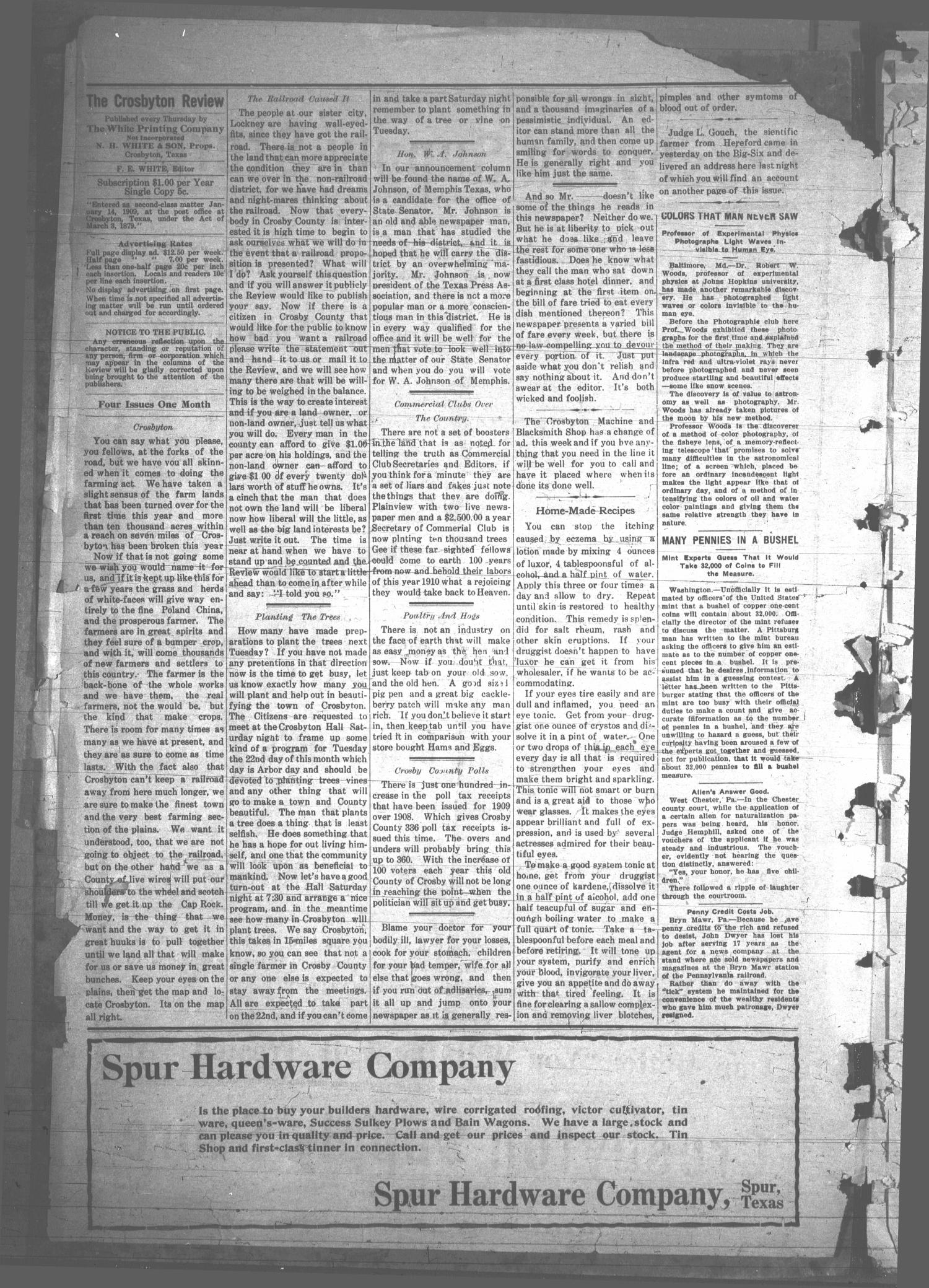 The Crosbyton Review. (Crosbyton, Tex.), Vol. 2, No. 6, Ed. 1 Thursday, February 17, 1910
                                                
                                                    [Sequence #]: 4 of 10
                                                