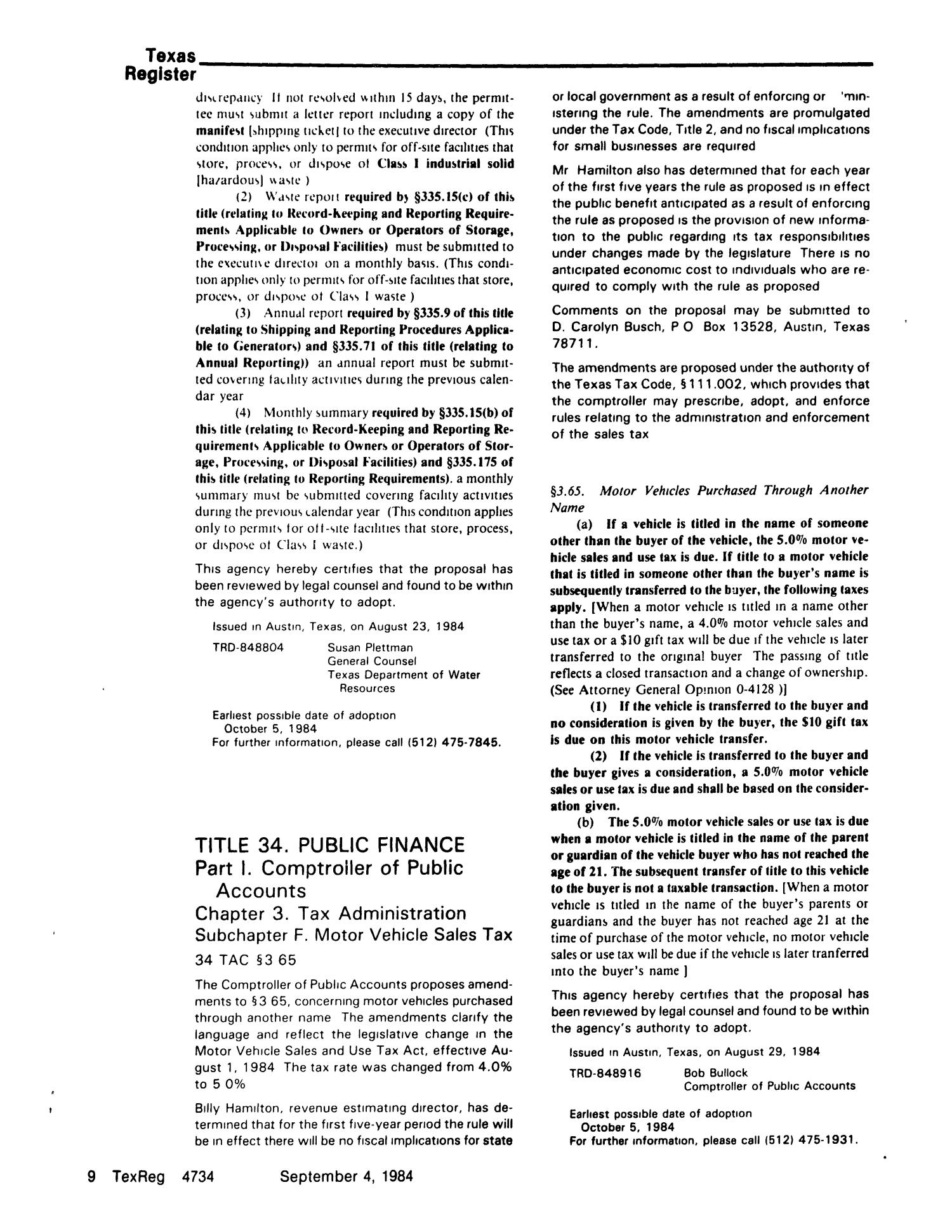 Texas Register, Volume 9, Number 66, Pages 4703-4756, September 4, 1984
                                                
                                                    4734
                                                