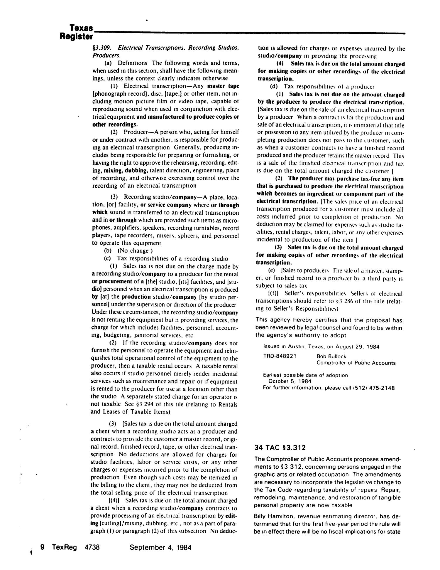 Texas Register, Volume 9, Number 66, Pages 4703-4756, September 4, 1984
                                                
                                                    4738
                                                