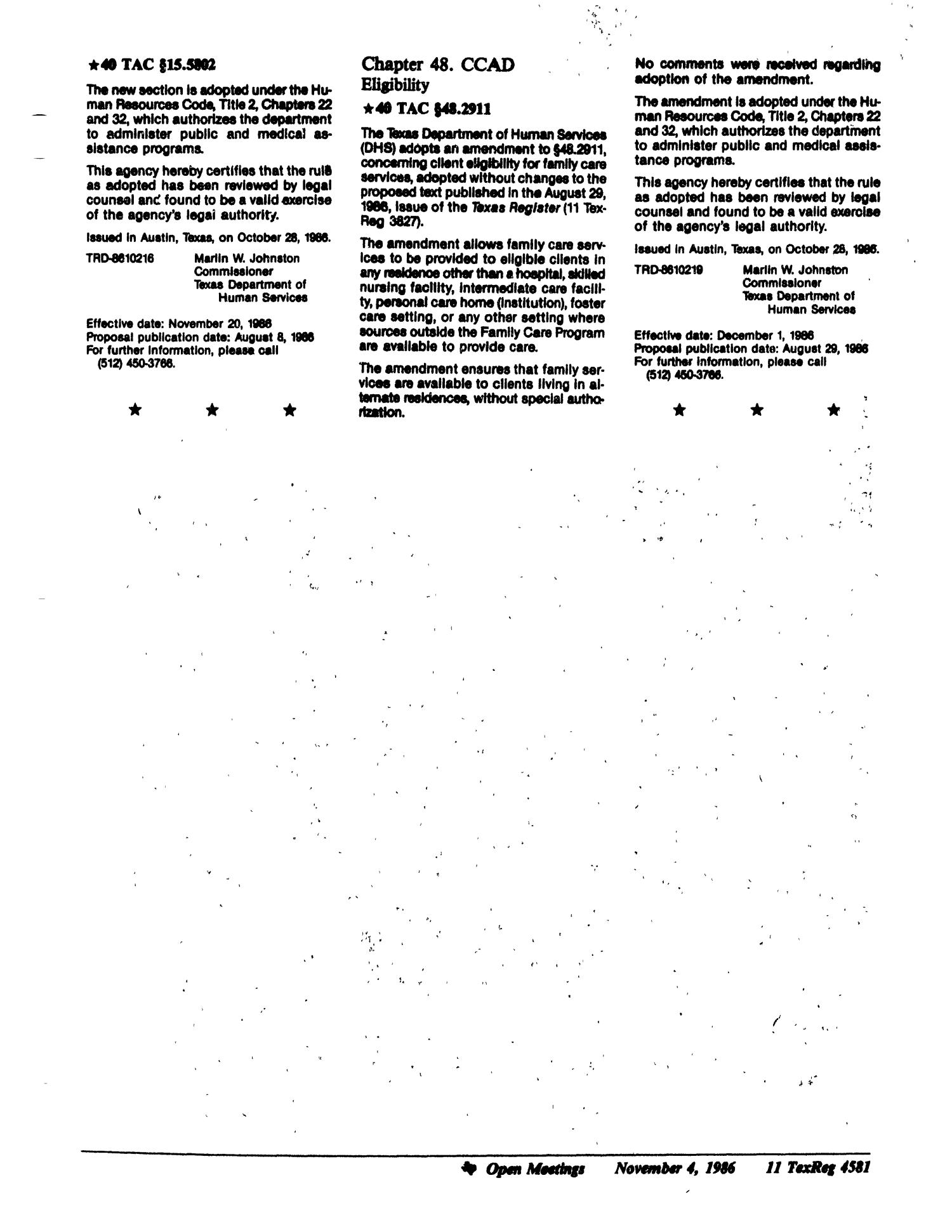 Texas Register, Volume 11, Number 83, Pages 4557-4604, November 4, 1986
                                                
                                                    4581
                                                