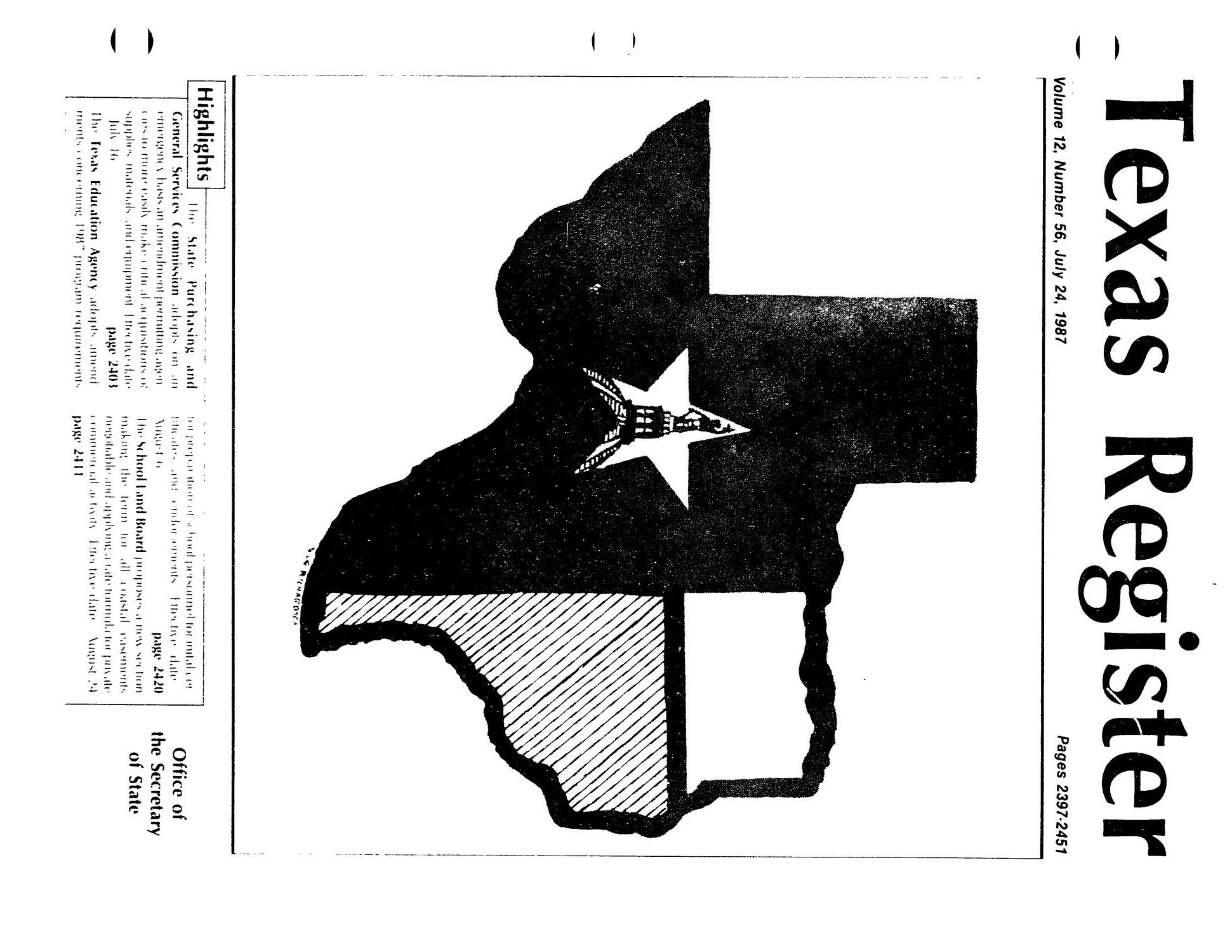 Texas Register, Volume 12, Number 56, Pages 2397-2451, July 24, 1987
                                                
                                                    Title Page
                                                