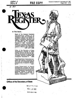 Primary view of object titled 'Texas Register, Volume 6, Number 87, Pages 4261-4316, November 20, 1981'.