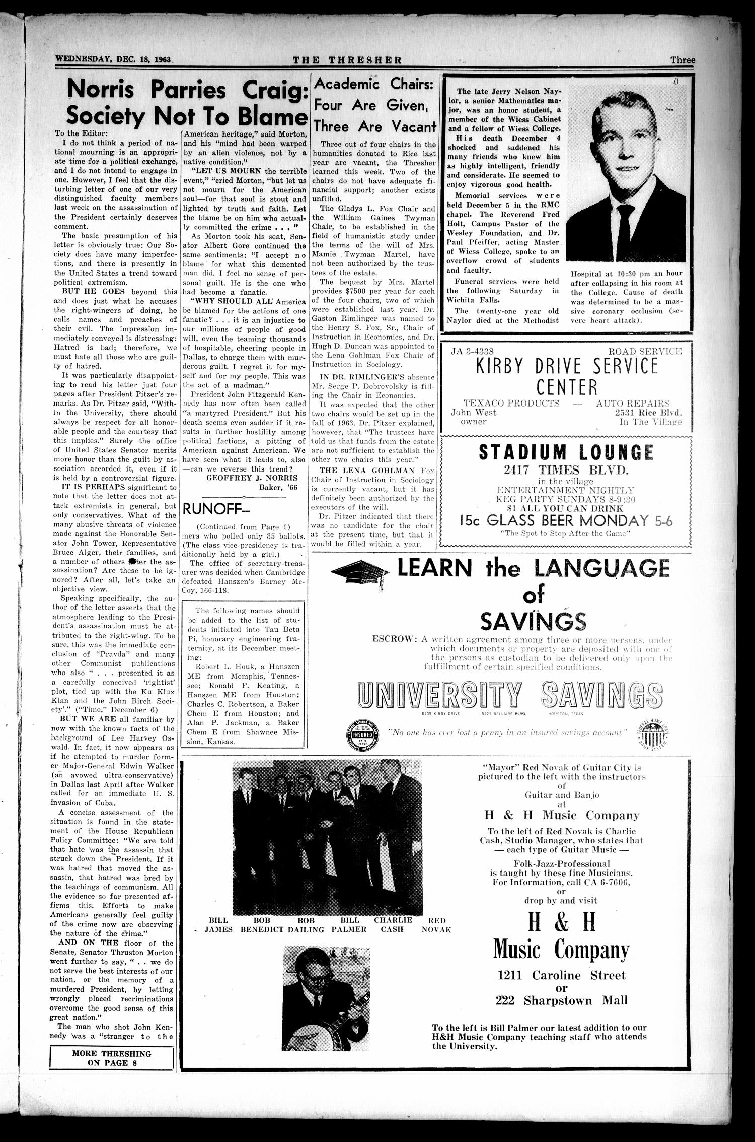 The Rice Thresher (Houston, Tex.), Vol. 51, No. 14, Ed. 1 Wednesday, December 18, 1963
                                                
                                                    [Sequence #]: 3 of 10
                                                