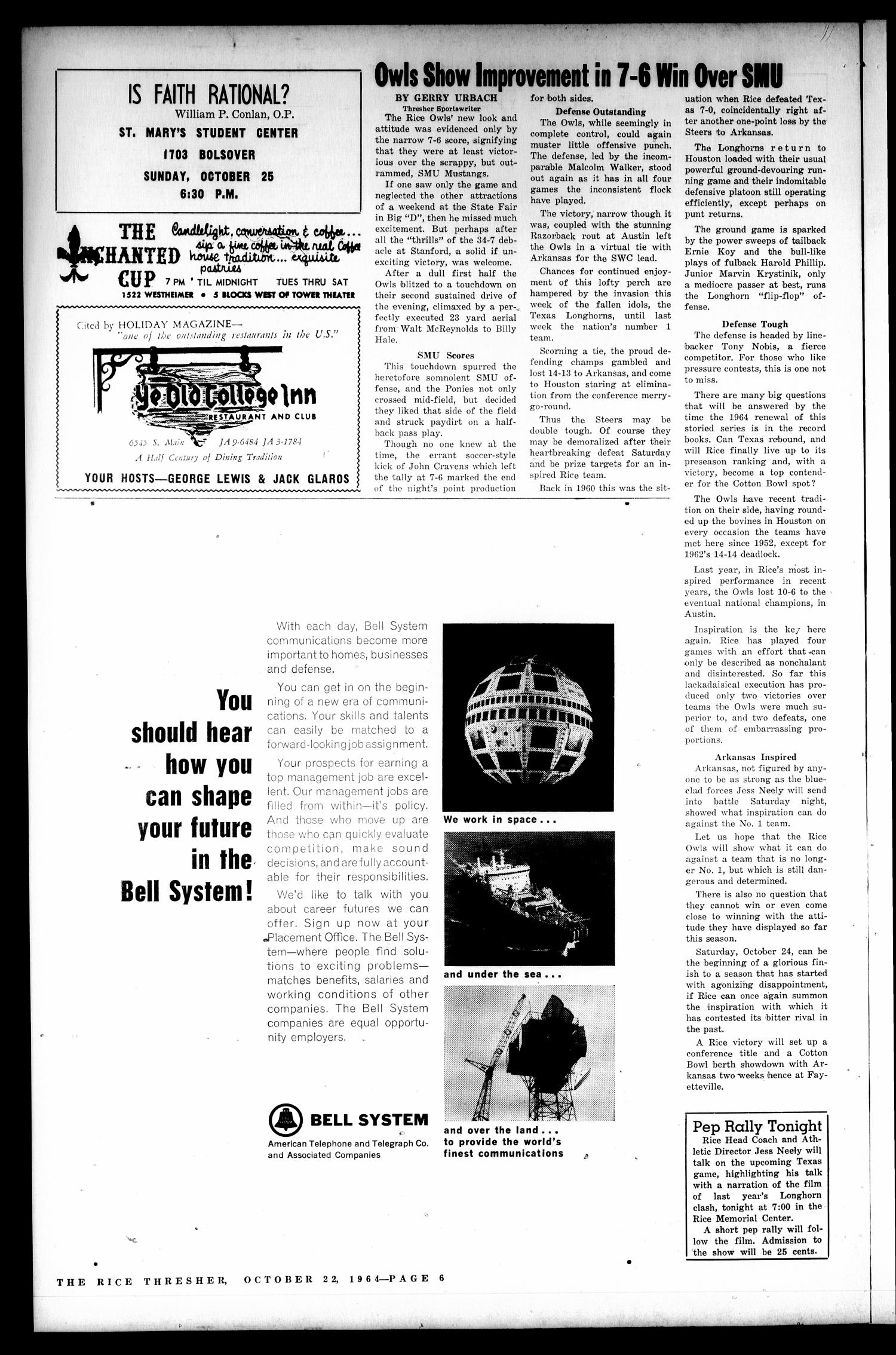 The Rice Thresher (Houston, Tex.), Vol. 52, No. 6, Ed. 1 Thursday, October 22, 1964
                                                
                                                    [Sequence #]: 6 of 12
                                                