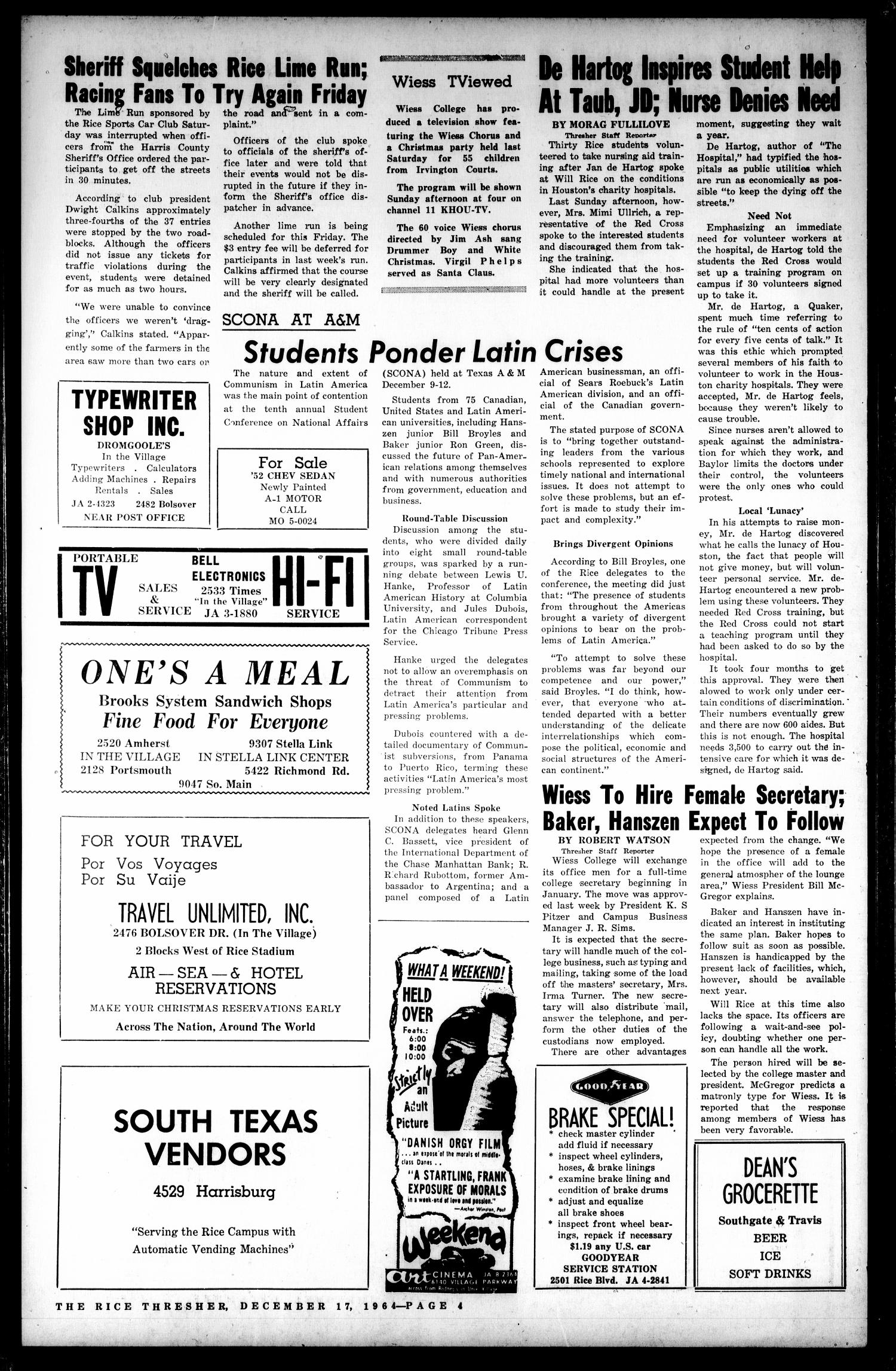 The Rice Thresher (Houston, Tex.), Vol. 52, No. 13, Ed. 1 Thursday, December 17, 1964
                                                
                                                    [Sequence #]: 4 of 8
                                                